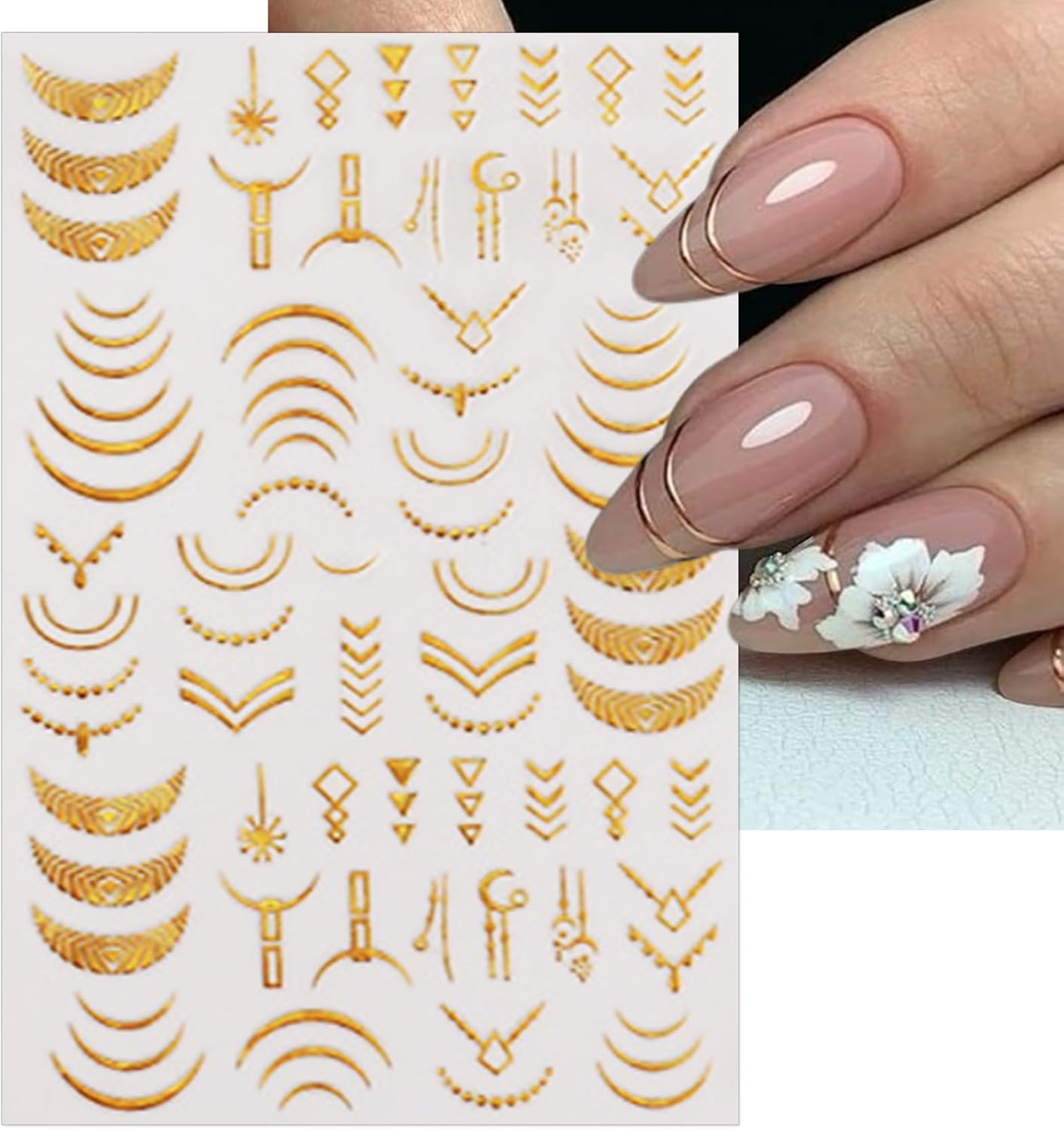 Gold Leaves Nail Art Stickers - Minimalism Geometry Line Self-Adhesive 3D Nail Decals for DIY Golden Manicure(10 Sheets)