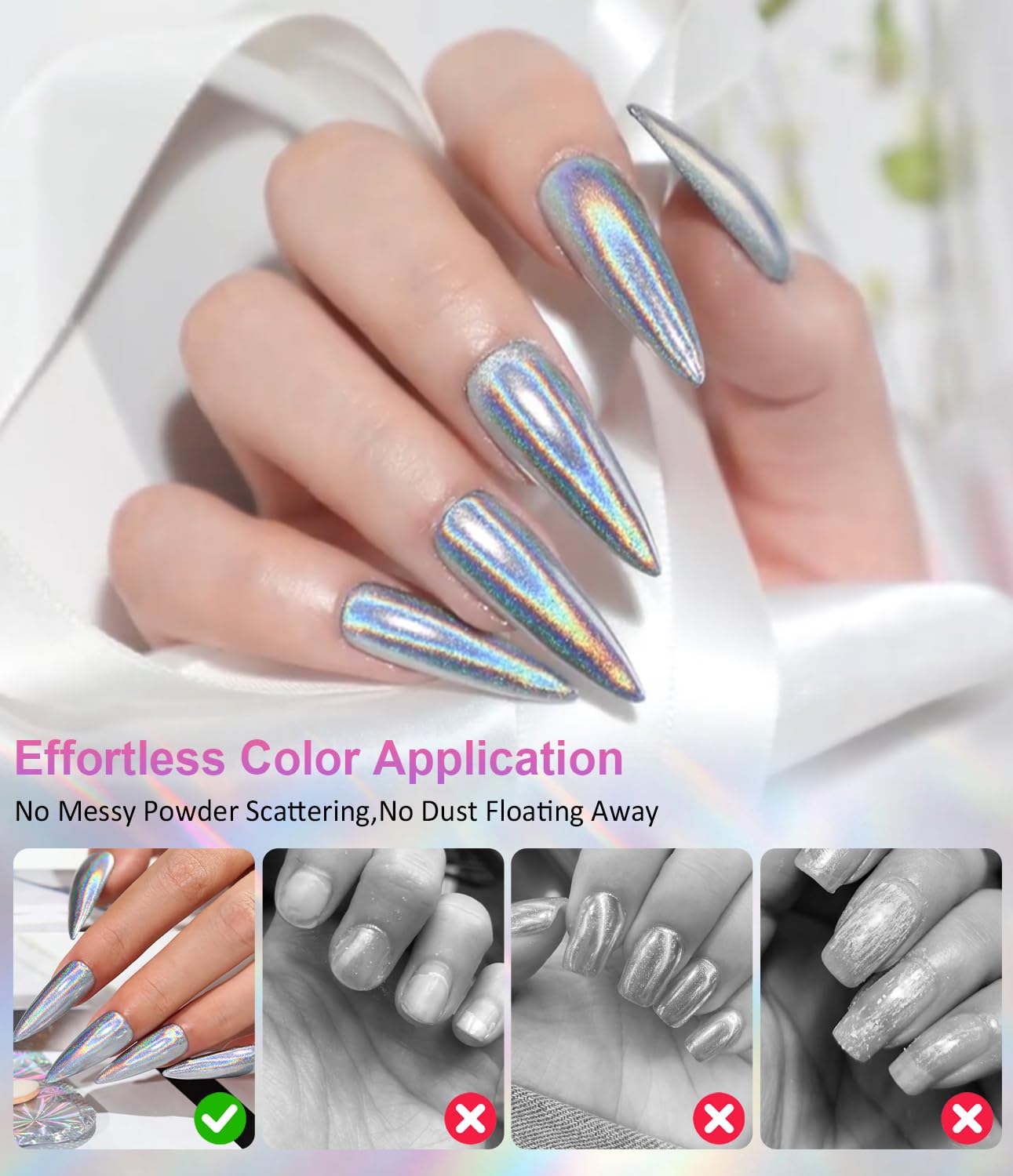 Magic Chrome Nail Powder: Iridescent Mirror Holographic Nail Powder,Metallic Pearl Effect Laser Chrome Nail Powde r for Salon Home Nai l Art DIY Design