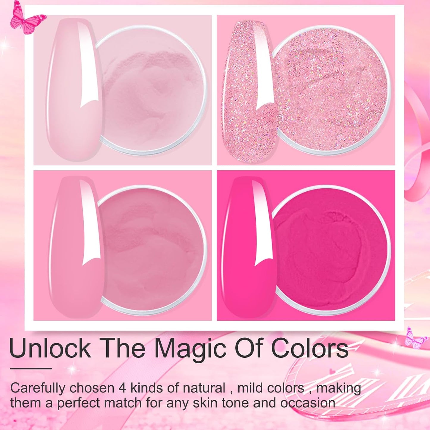 Honey Joy Dip Powder Nail Kit Starter, 4 Colors Hot Pink Glitter Fine Dipping Powder Liquid Set with Base Top Coat Activator for Nail Art Manicure Salon DIY No LED Nail Lamp Needed, Dip-7pcs-01