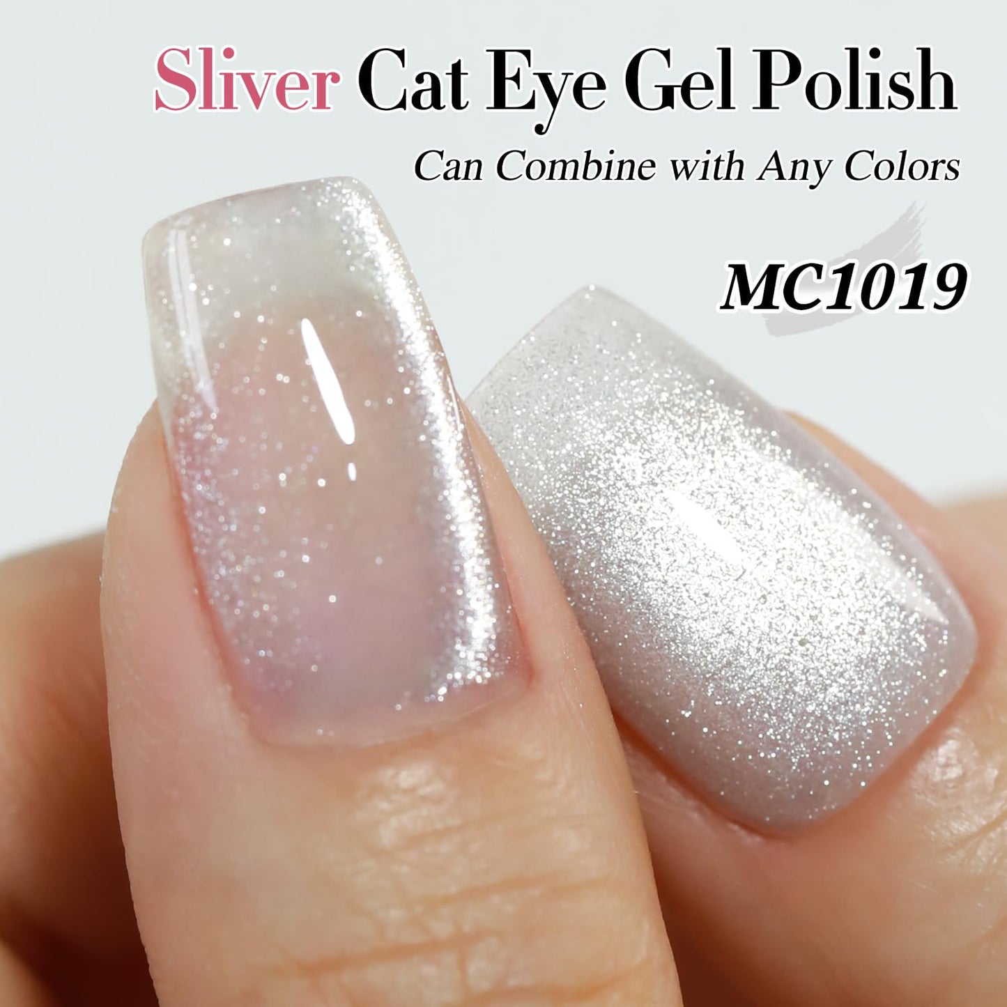 Double Rhythm 0.5 OZ Cat Eye Gel Polish with Magnet 15ML Holographic Glitter Shimmer Translucent Jelly Color Magnetic Polish Salon DIY at Home (Silver-MC1019)