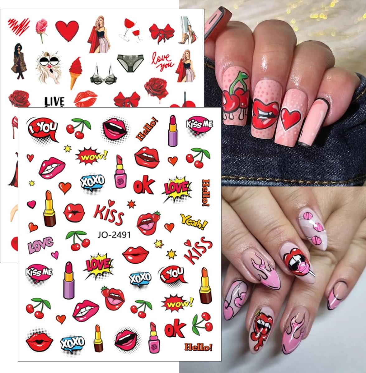 12 Sheets Valentine's Day Nail Art Stickers 3D Colorful Heart Nail Supplies Flaming Red Lips Love Angel Nail Art Design Valentines Nail Stickers Romantic Cupid Lover Nail Decals for Women Manicure