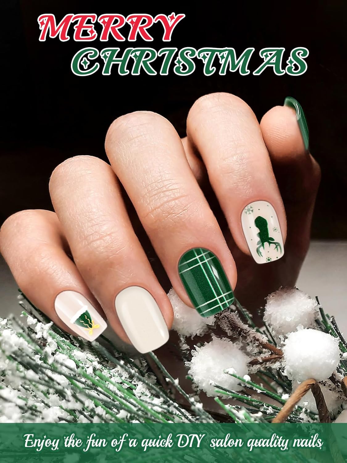 EBANKU 24PCS Christmas Semi-Cured Gel Nail Strips, Deer Horn Self-Adhesive Gel Nail Art Sticker, Waterproof Gel Nail Wrap Stickers with Nail File and Stick