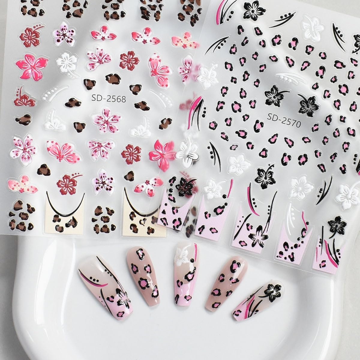 Fall Flowers Nail Art Stickers, Maillard Leopard Lily Nail Decals 3D Embossed with Sweet Cool Spicy Girl Style Design 8Pcs Nail Art Supplies for Women Nail Decoration