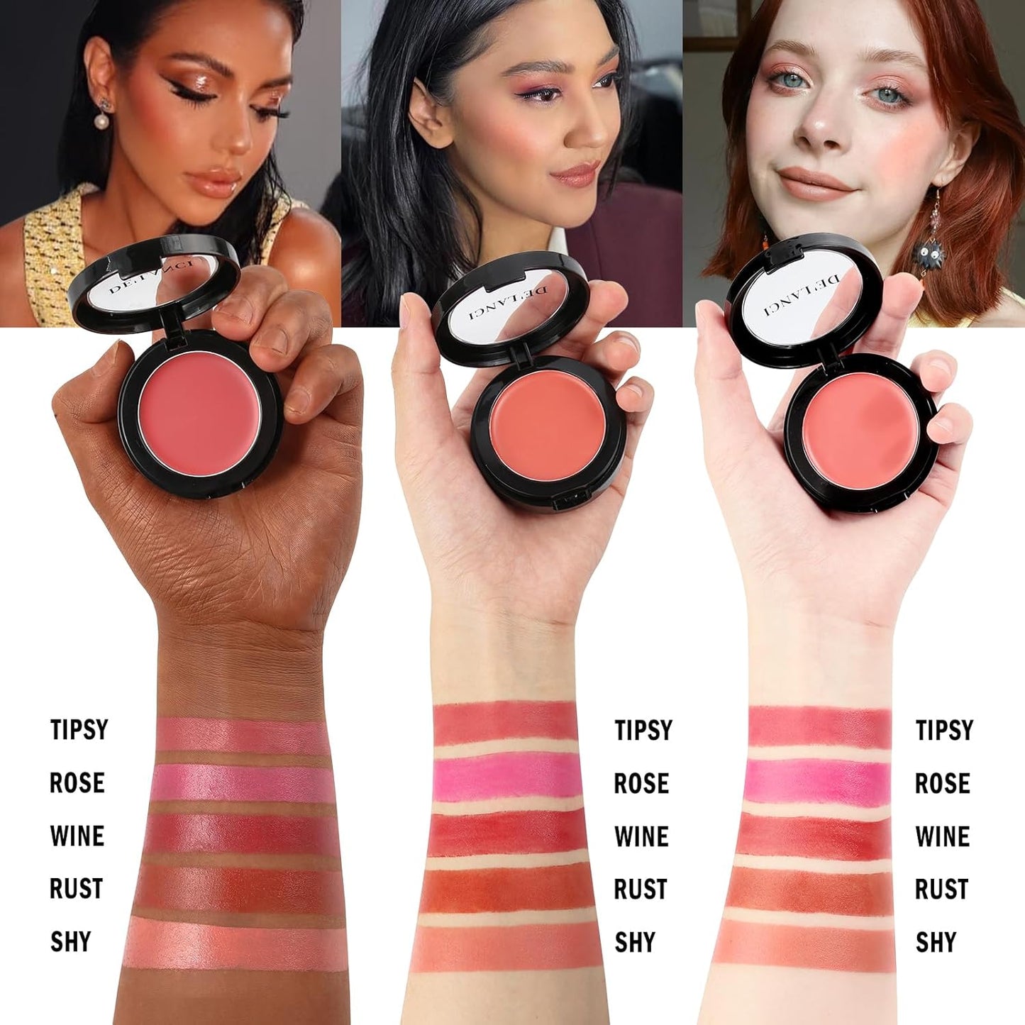 DE'LANCI 2 In 1 Cream Blush for Cheeks & Lips & Eyeshadow in a Waterproof Smooth Moisturizing Creamy Formula, Buildable Lightweight Red Blush Balm with Built-in Brush and Mirror, Easy to Use, Rust