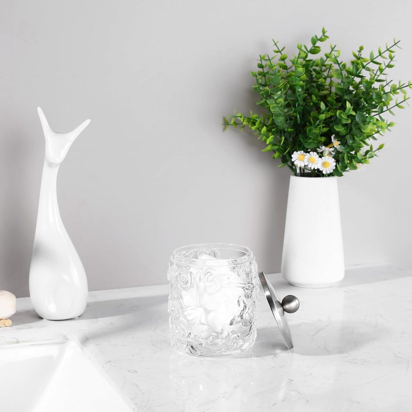 Home Glass Cotton Jar Holder Nickel Lid, Elegant Bathroom Storage Canister for Qtips, Cotton Balls, Floss, Makeup Organizer, Vanity Bathroom Organization (UPDATED NICKEL)