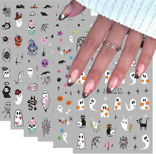 Halloween Nail Art Stickers 6 Sheets Cute Ghost Pumpkin 3D Self-Adhesive Nail Decals Bat Cat Skull Designs Nail Decorations Halloween DIY Manicure Supplies for Women Girls&Kids
