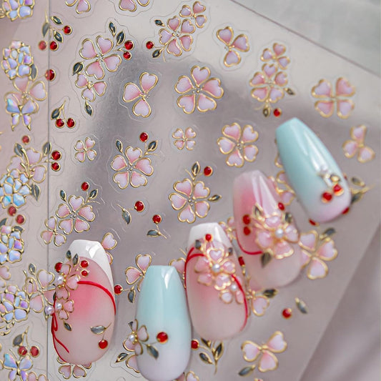 Flower Nail Stickers Pink Nail Art Stickers Jerry Nail Decals with Red Design Floral Nails Art Decals 5D Embossed Self Adhesive Nails Charms for Women Girls Manicure DIY Decoration Accessories