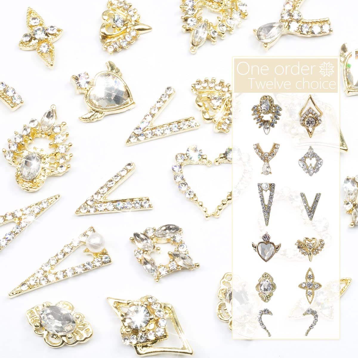 12 Pair 3D Alloy Gold Nail Art Rhinestones - Heart Shaped Nail Charms, Golden Nail Crystal Diamonds Jewelry Stones Studs for Nails Decor Crafts