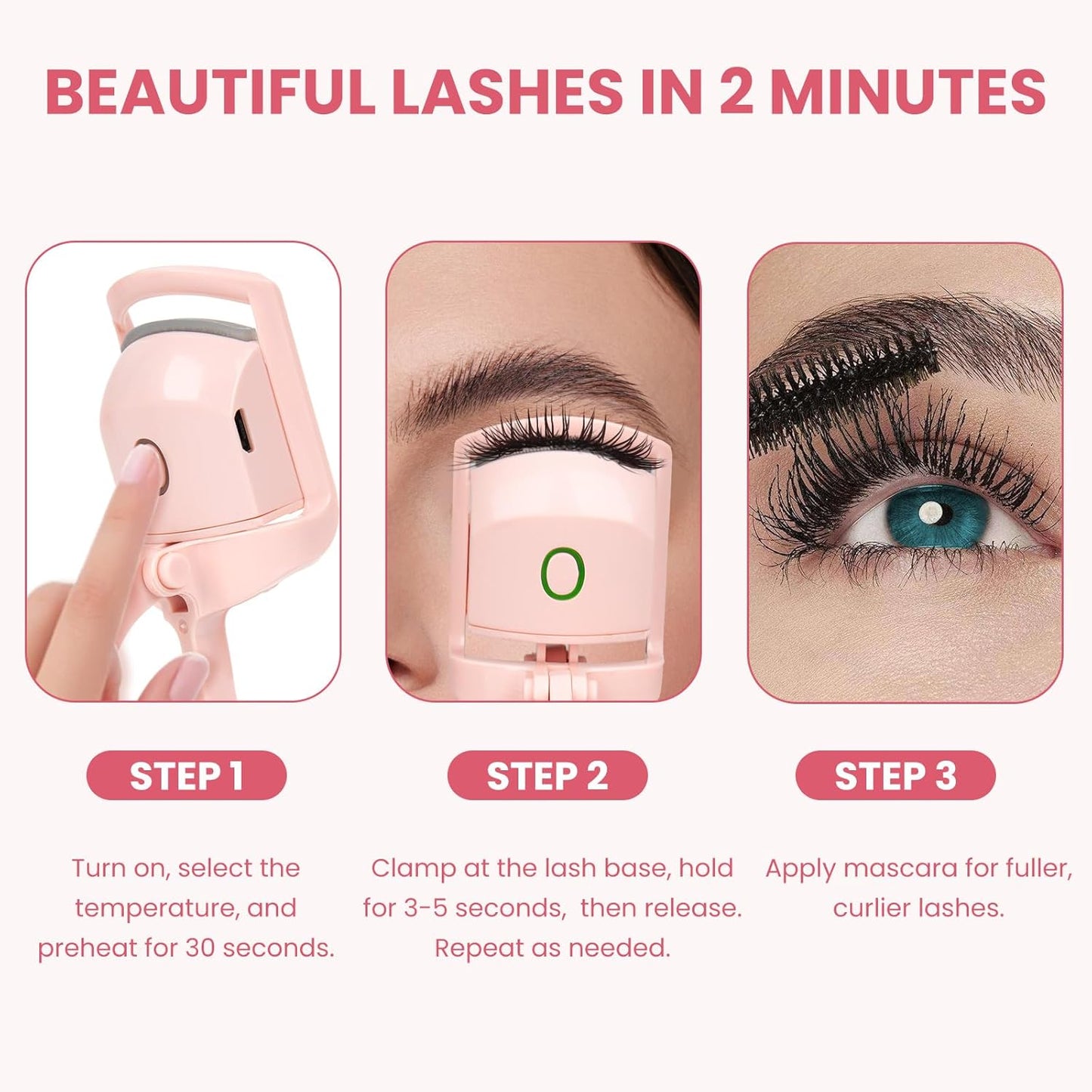 Electric Heated Eyelash Curler for Women – USB Rechargeable Heated Lash Curler with Quick Heat-Up, Multi-Temp Settings, 24H Natural Curl, Anti-Scald Silicone, Portable Makeup Tool, Pink