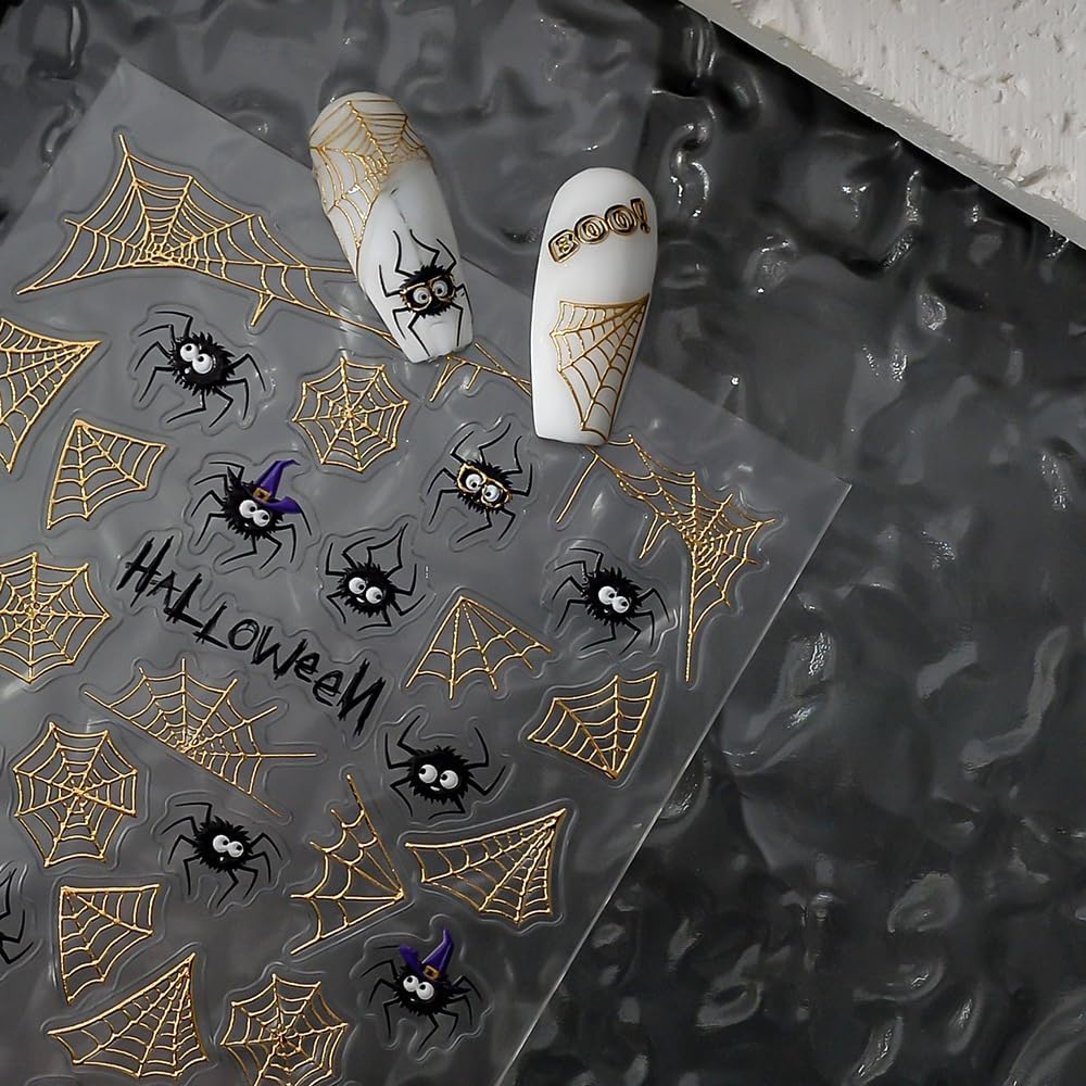 Halloween Nails Stickers Black Spider with Hat Nails Sticker 3D Embossed Gold Web Self Adhesive Sticker Nail Decals Funny Spiders Nail Art Decal Halloween Decals for Nail DIY Manicure 1Sheet
