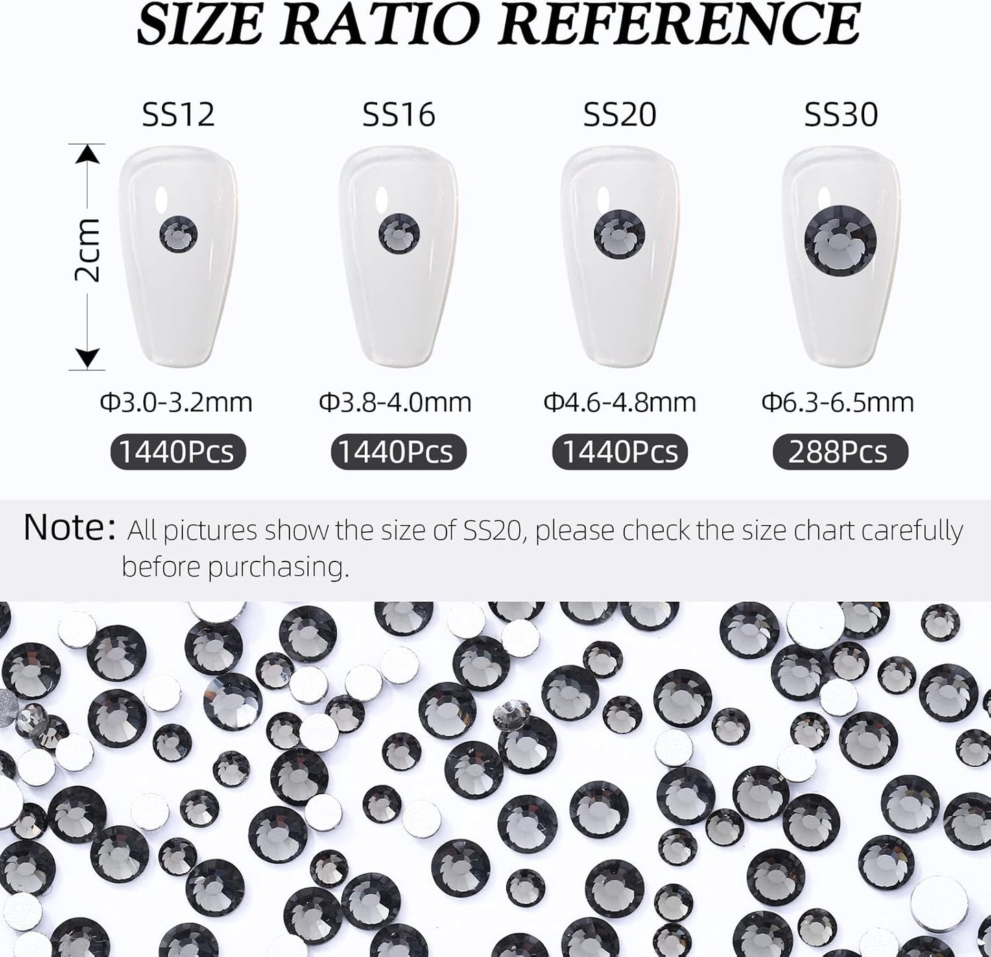 Gray Flatback Rhinestones, Glass Rhinestones for Nail Art and Craft, Glue Fix, Loose Crystal Gemstones(Gray, SS20, 1440pcs, 4.6-4.8mm)