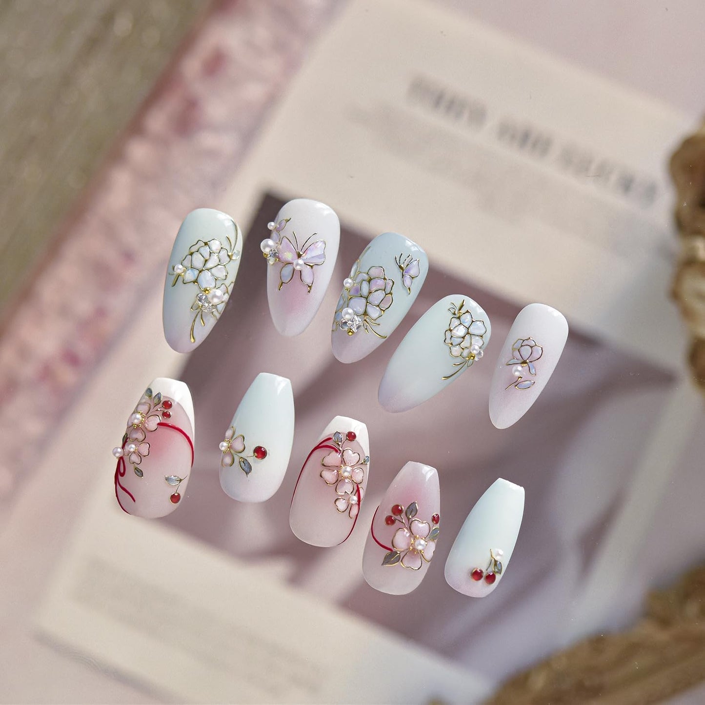 Flower Nail Stickers Pink Nail Art Stickers Jerry Nail Decals with Red Design Floral Nails Art Decals 5D Embossed Self Adhesive Nails Charms for Women Girls Manicure DIY Decoration Accessories