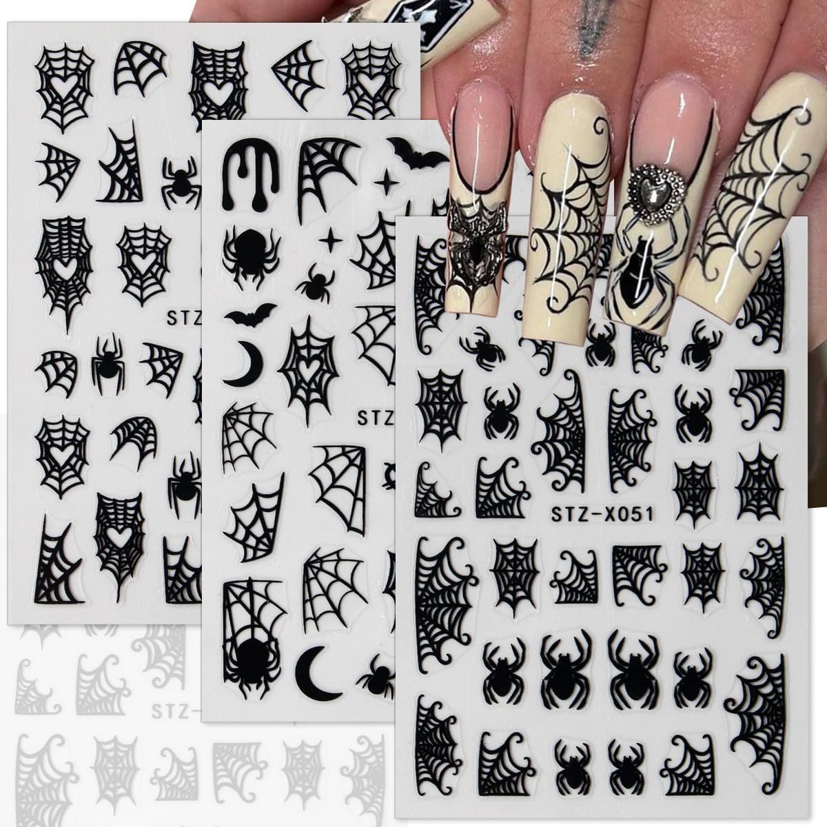 Halloween Nail Art Stickers - 9 Sheets 3D Self-Adhesive Design Decals With Ghost, Pumpkin, Spider, Bat, Black Gold Silver Web - DIY Nail Decoration for Women