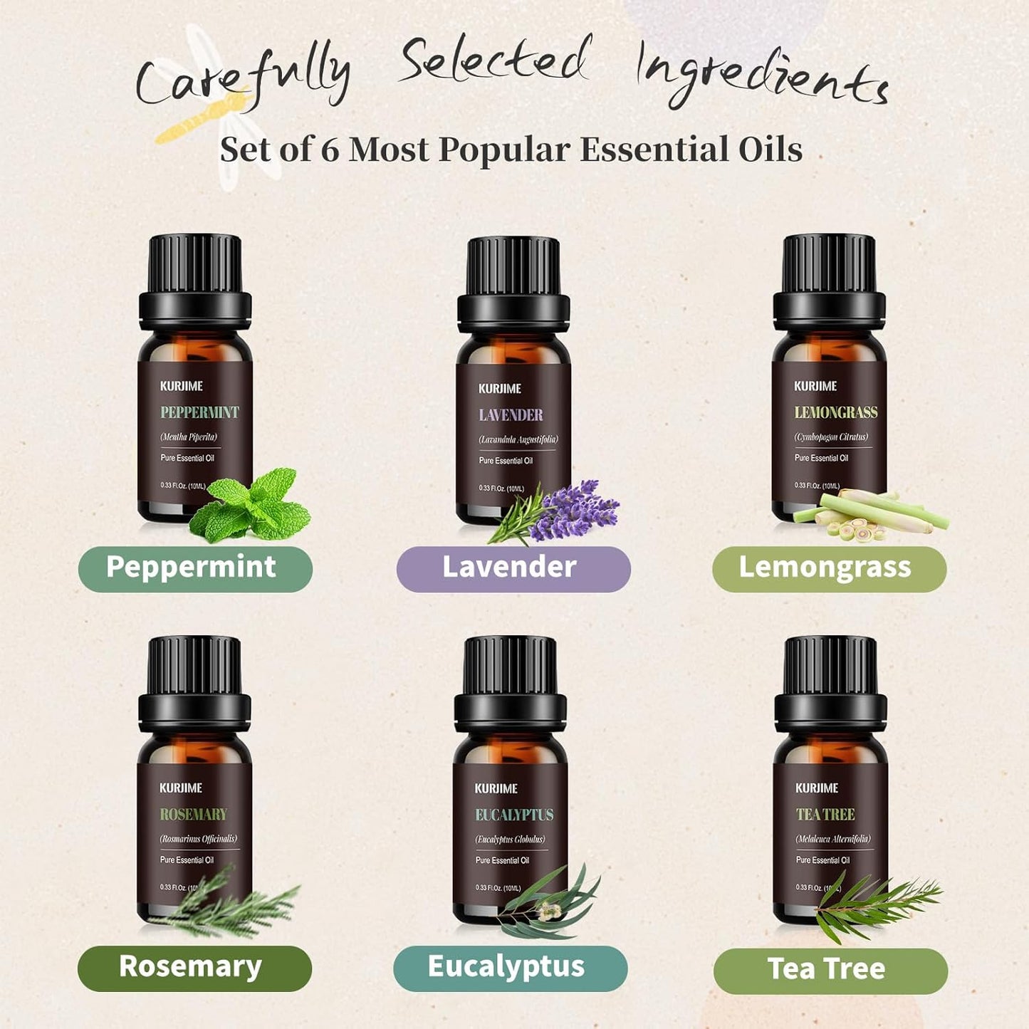 Essential Oil Set -Natural Essential Oils for Diffuser for Home, Top 6 Aromatherapy Diffuser Oils Scents, Candle Making Scents -Peppermint, Lavender, Eucalyptus, Lemongrass, Rosemary, Tea Tree (10ml)
