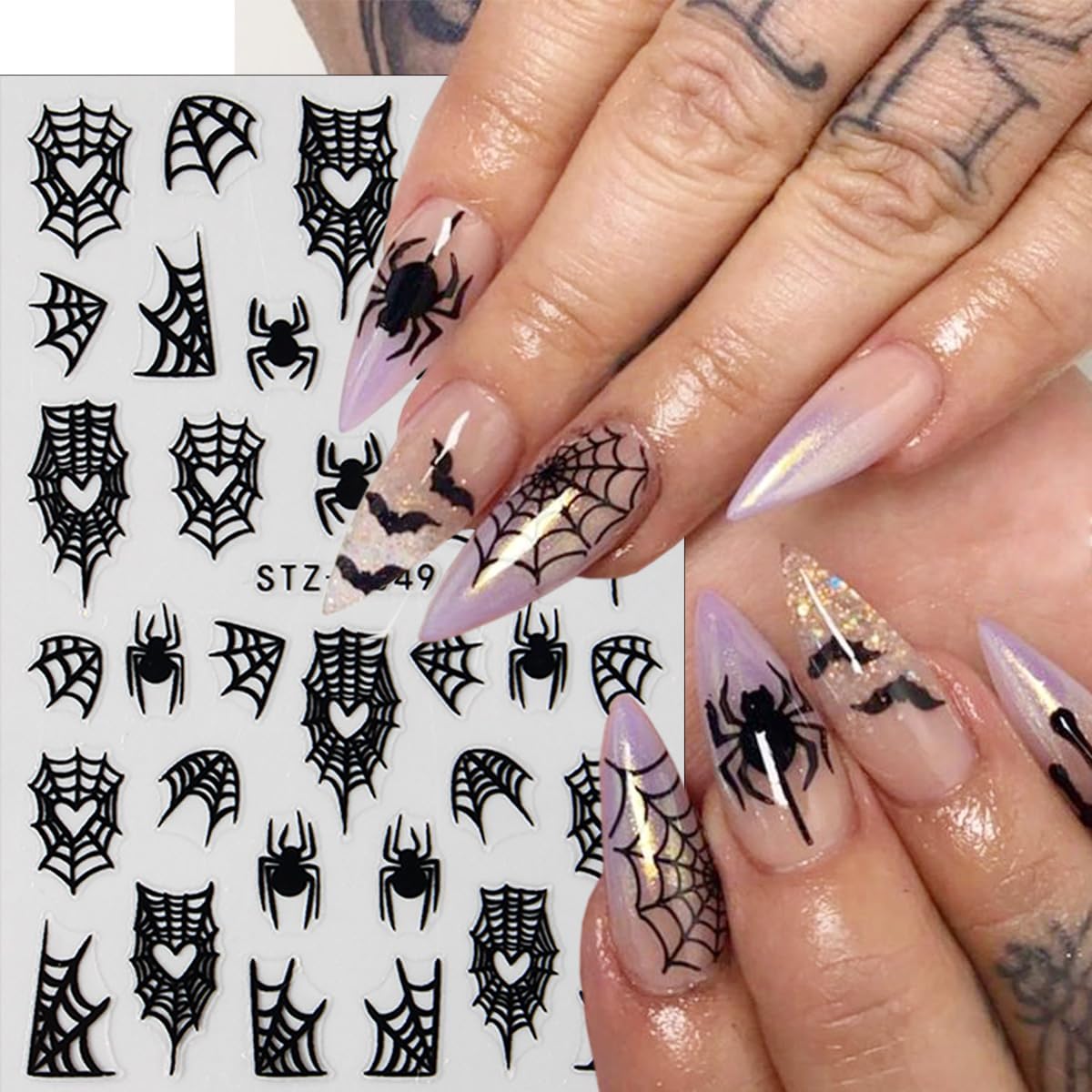 Halloween Nail Stickers 3D Self-Adhesive Goth Nail Art Stickers Pink Spider Web Spider Heart Glitter Design Halloween Acrylic Nail Art Decoration Cute Horror Nail Decals for Women Acrylic Nails DIY