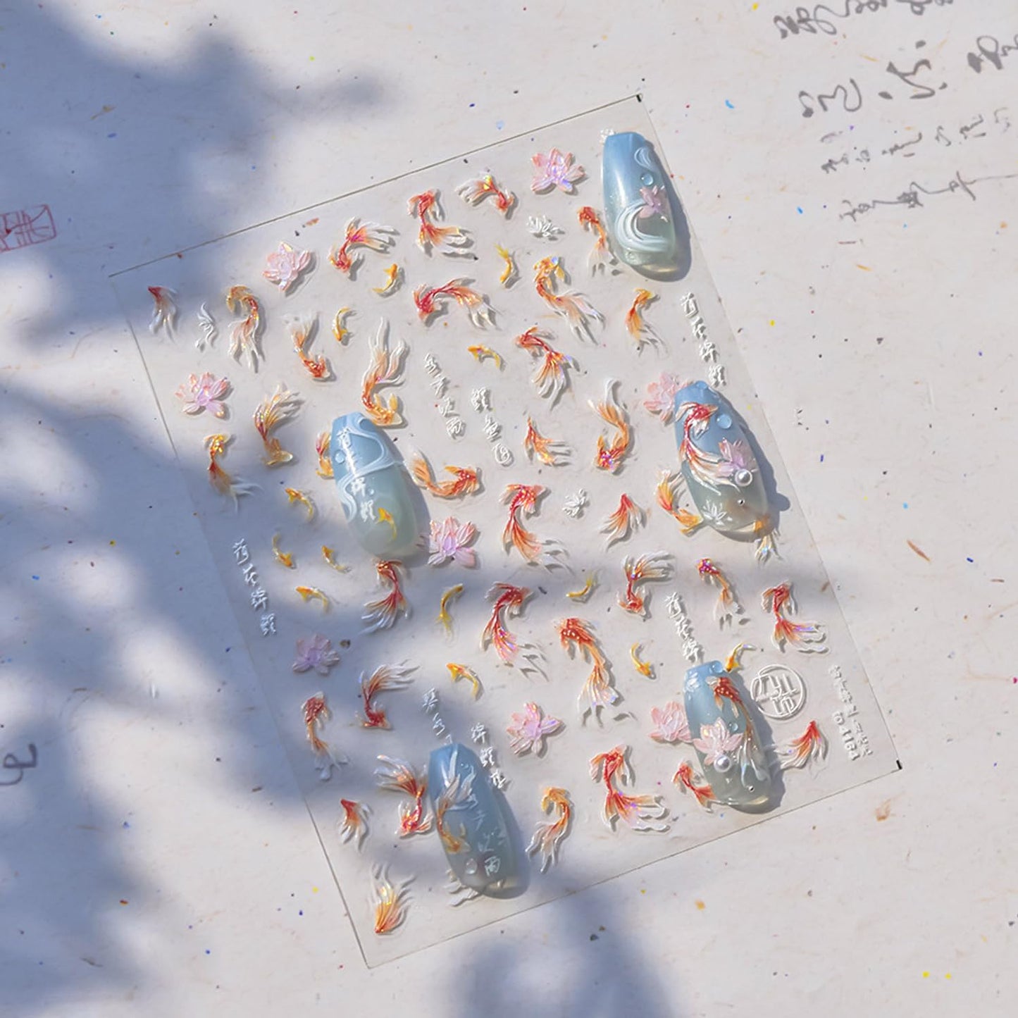 Golden Koi Fish Nail Art Stickers 5D Embossed Self-Adhesive Lotus Nail Decals for Acrylic Nails Lucky Red Koi Fish Designs Nail Sticker Cute Goldfish Nail Decal for Women DIY Art Nails Decor Supplies