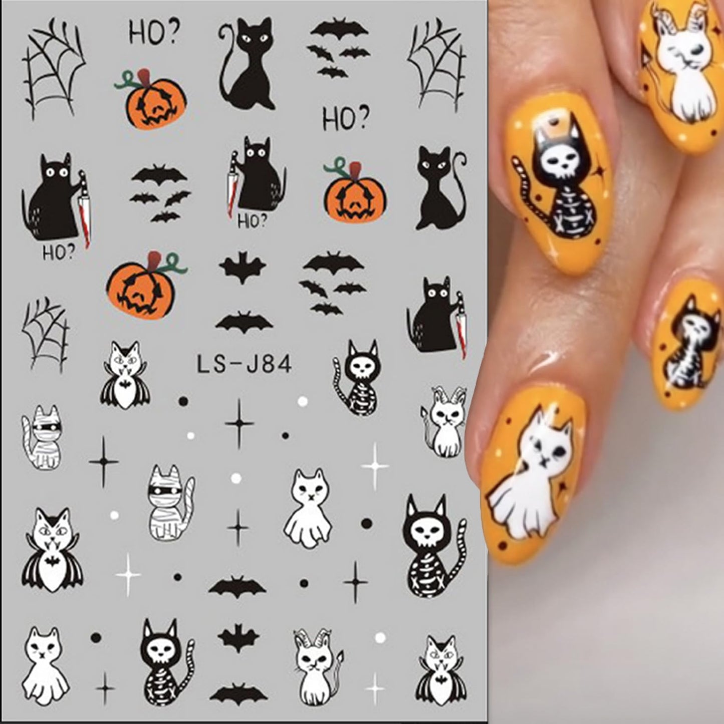 Halloween Nail Art Stickers Cute Ghost Pumpkin 3D Self-Adhesive Nail Decals Bat Cat Skull Designs Nail Decorations Halloween DIY Manicure Supplies for Women Girls&Kids 6Pcs
