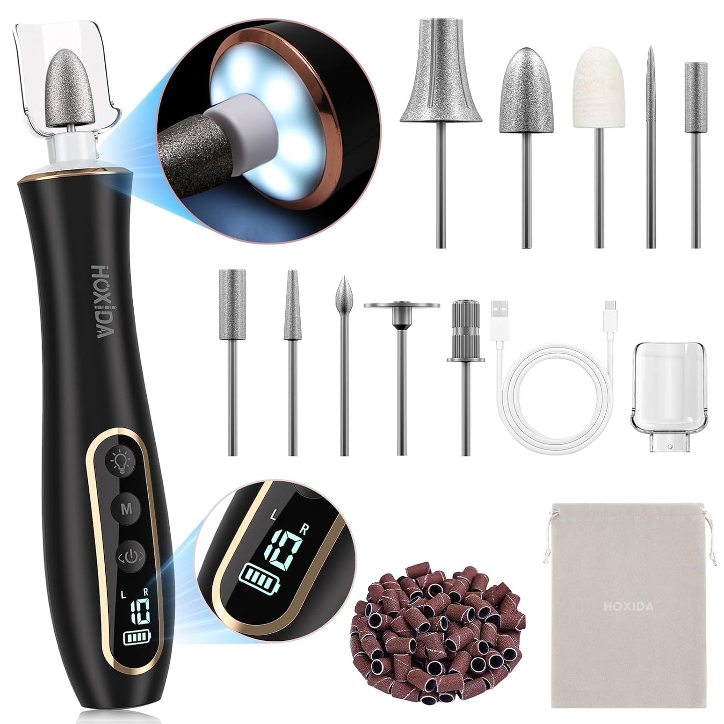 Electric Nail Drill, Professional Manicure Pedicure Kit, Cordless Electric Nail File Set, Rechargeable Pedicure Tools for feet, 10 Speeds Hand Foot Care Nail Drill for -360° LED Light Black
