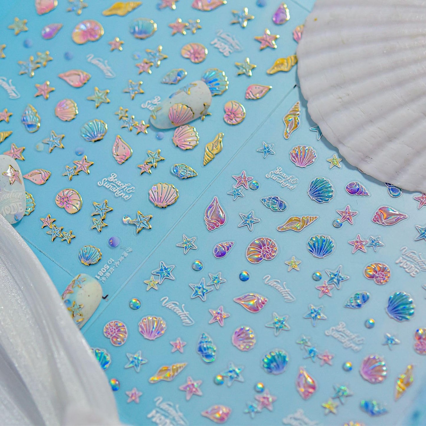 1 Sheet Starfish Nail Art Stickers Holographic Laser Summer Nail Stickers 5D Embossed Self-Adhesive Ocean Nail Decals Conch Seashell Beach Nails Design Nail Supplies for Women Acrylic Nail Decorations