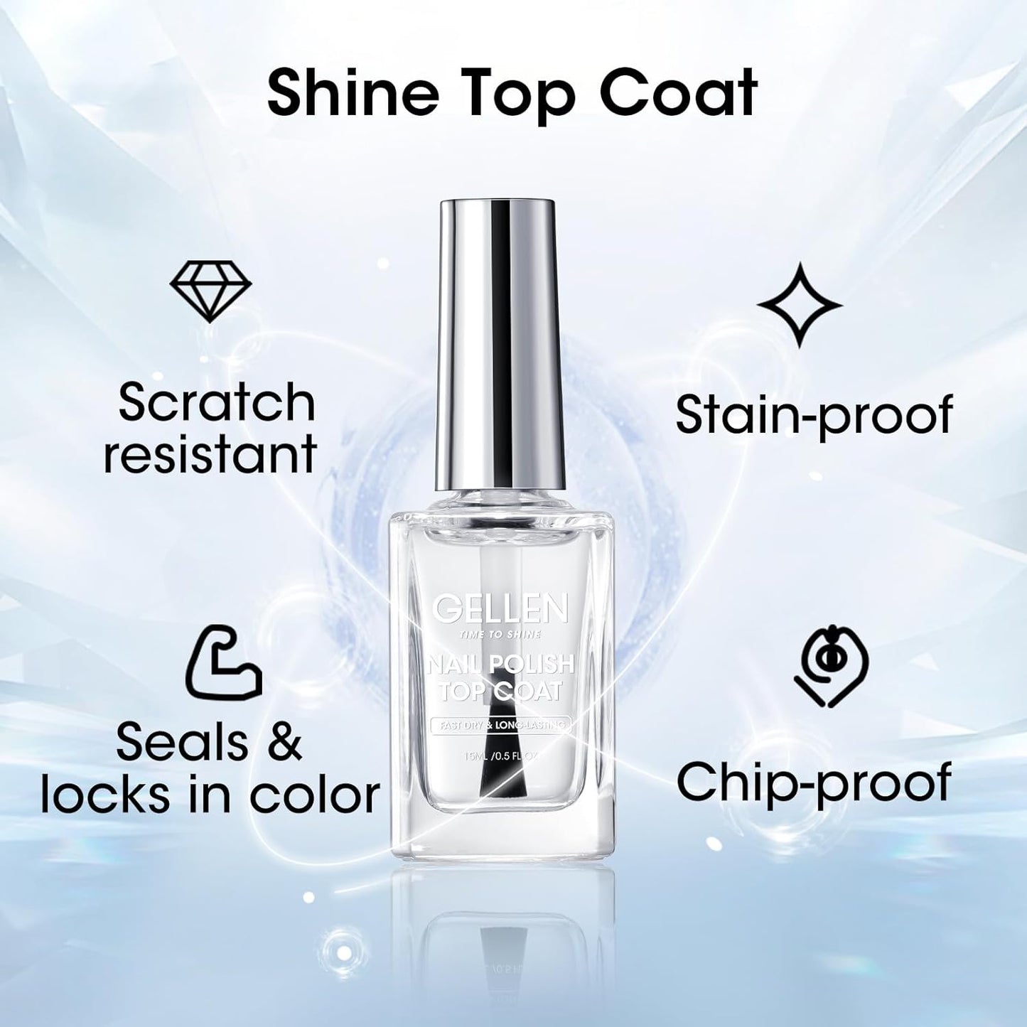 GELLEN Clear Nail Polish Base and Top Coat, Shine No Wipe Top Coat and Tinted Milky White Sheer Base Coat Strengthens Nails - Calcium, Quick Dry Regular Nail Polish, Not UV Gel, Hema Free, Non-toxic