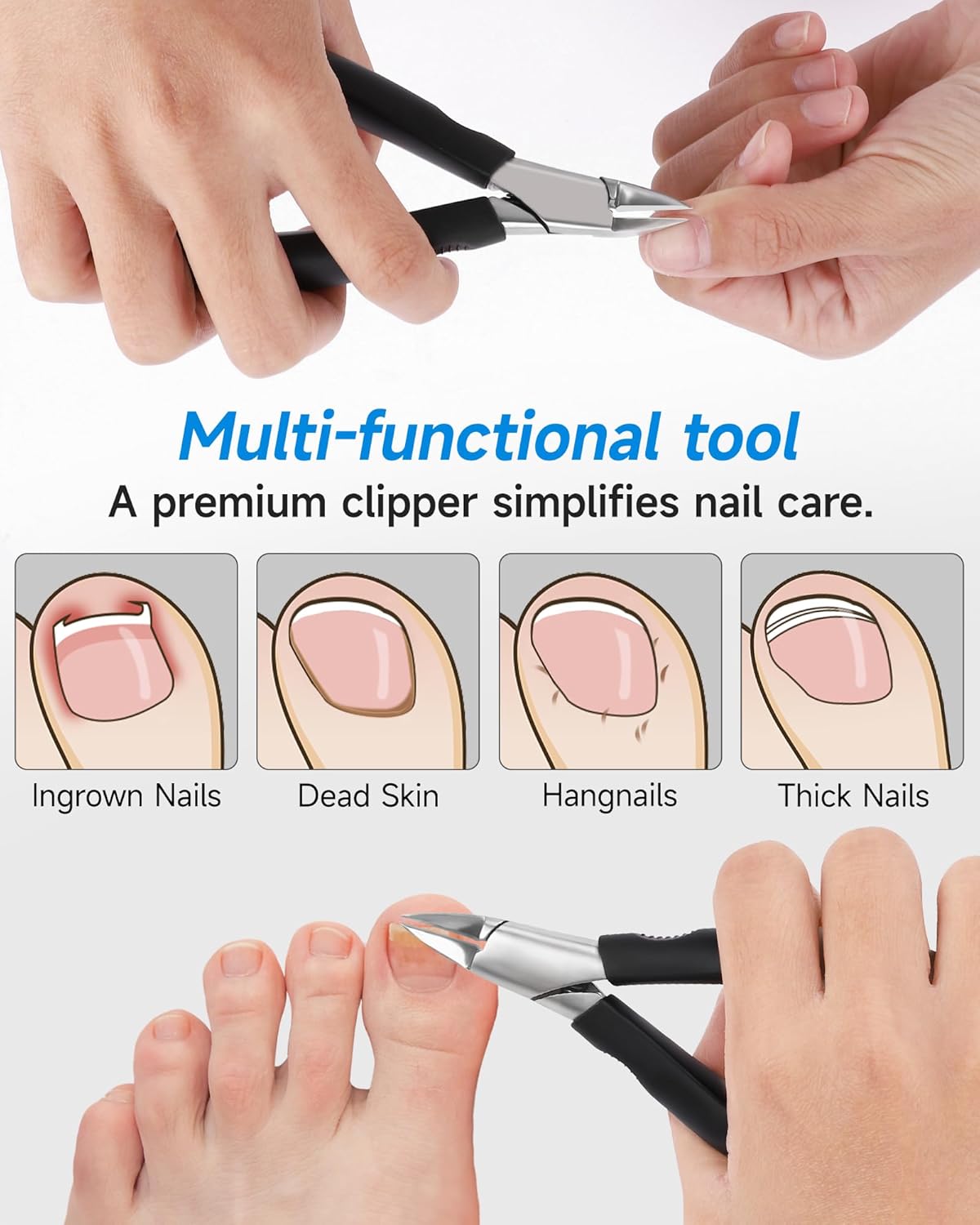 Nail Clippers,Toenail Clipper for Ingrown or Thick Toe Nails,Fingernail Clipper for Men Women Seniors with Stainless Steel Straight Blade Soft Handle Nail Cutter Black