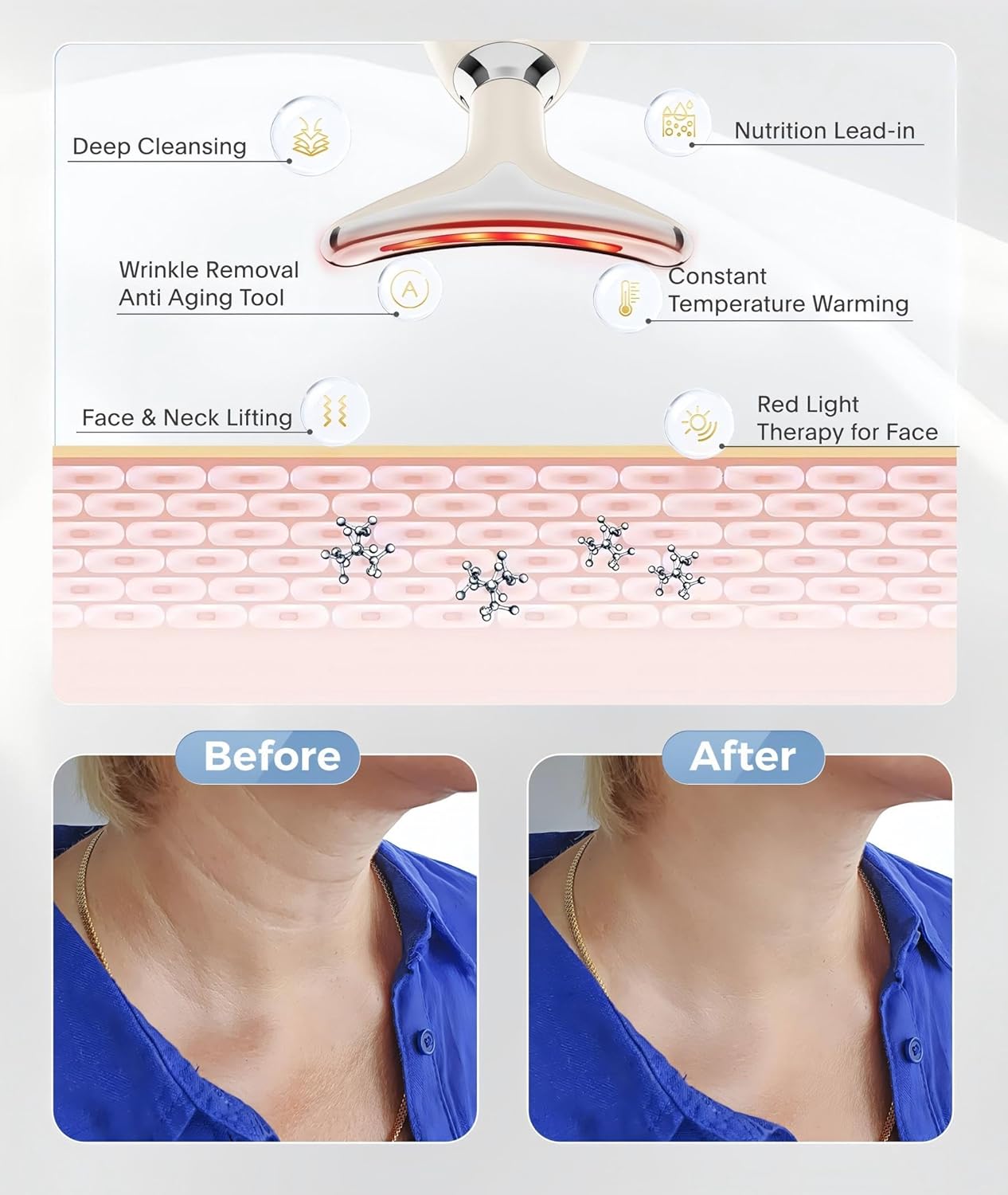 Red Light Therapy for Face and Neck, 7 Color Beauty Face Massager Tool, Vibrating Facial Massager with Thermals for Wrinkles, Double Chin, Glossy White