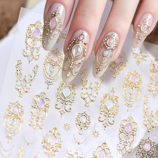 Gold Nail Stickers for Nail Art Gemstone Nail Decals with Golden Filigree Design,Luxury Baroque-Style Stickers for Nails 3D Self Adhesive Nail Art Supplies & Decorations for Women Girls 1 Sheet