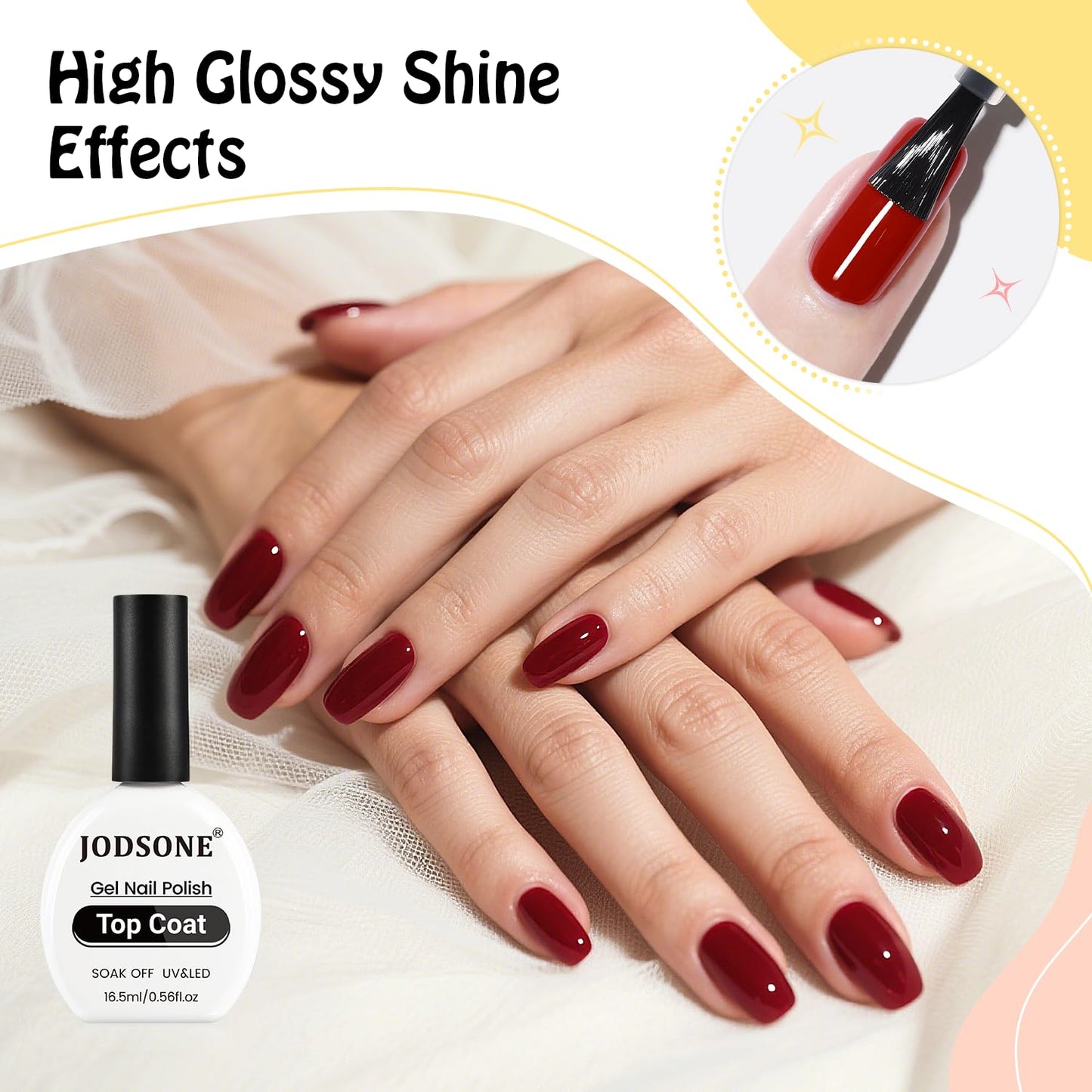 JODSONE 2Pcs 16.5ml Gel Top Coat No Wipe Clear Glossy Shine Finish Long Lasting No Soak Off Nail and Need U V Lamp Cured For Salon DIY Nail Art Design