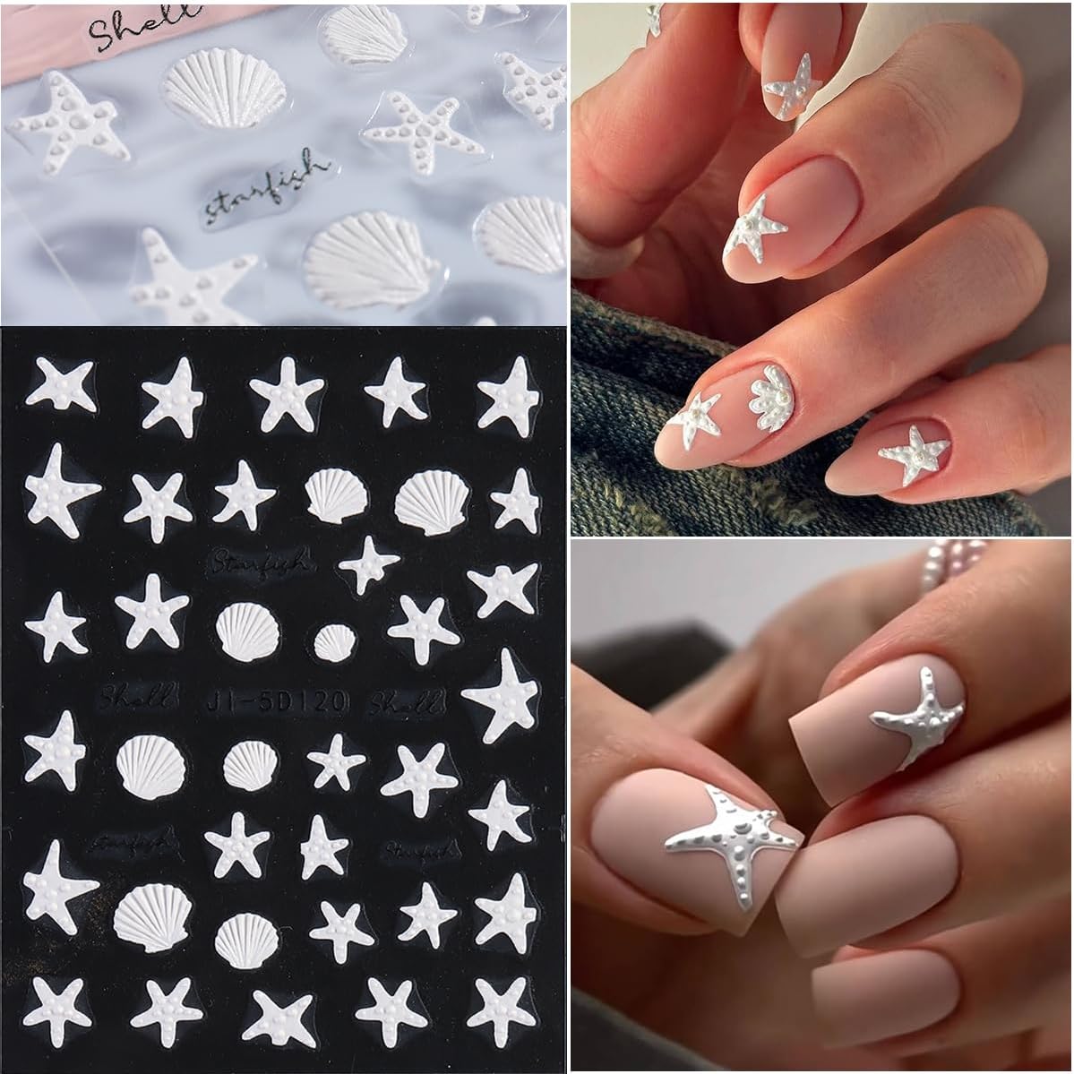 5D Embossed Ocean Nail Stickers, Summer Hibiscus Flowers Sticker for Nails Art Self-Adhesive Floral Decals Starfish Sea Shell Jellyfish Tropical Nail Stickers Pegatinas para Uñas