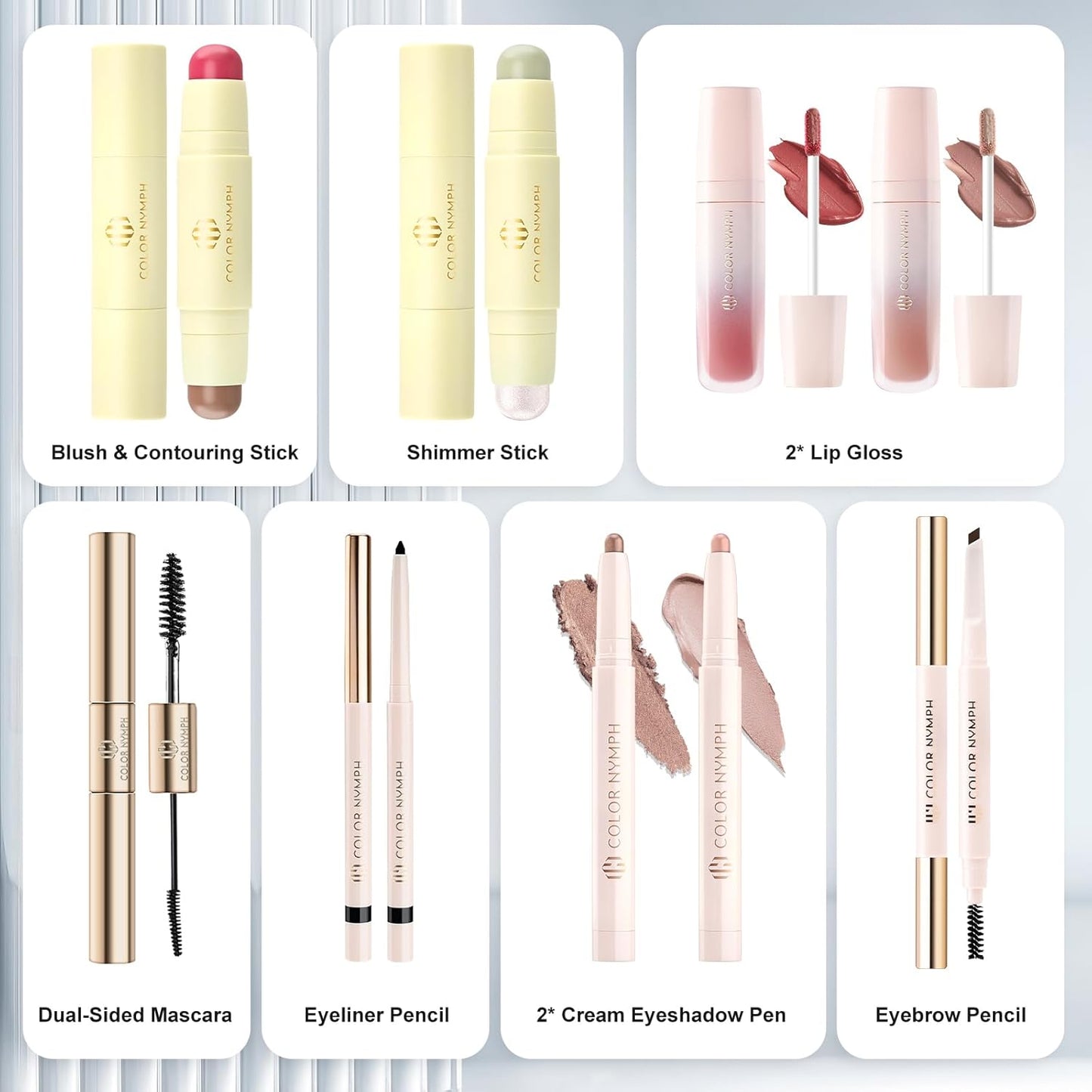 Color Nymph Makeup Kit for Girls Beginner Makeup Gift Set with Portable Bag Include 2 Color Lip Gloss, Eyeshadow Pen, Blush & Contouring, Highlight, Mascara, Eyebrow Pencil