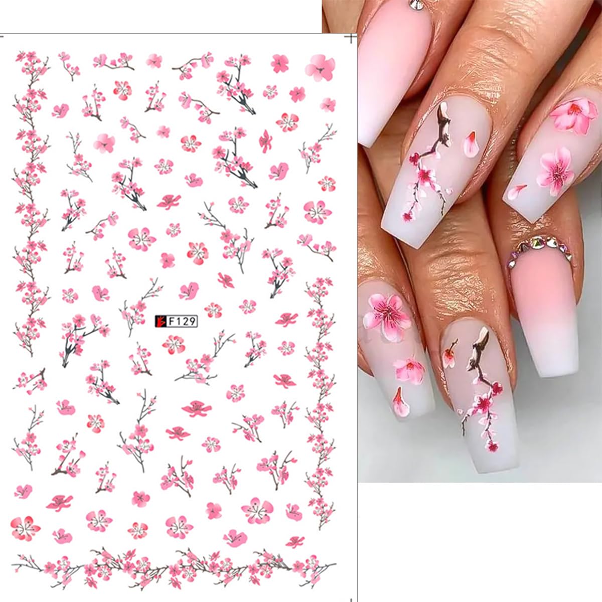 Flower Nail Art Stickers Decal 8 Sheets Pink Cherry Blossoms Nail Stickers 3D Self Adhesive Beautiful Petals Leaf Nail Art Design Supplies for Acrylic Nail Women Girls Manicure DIY Supplies