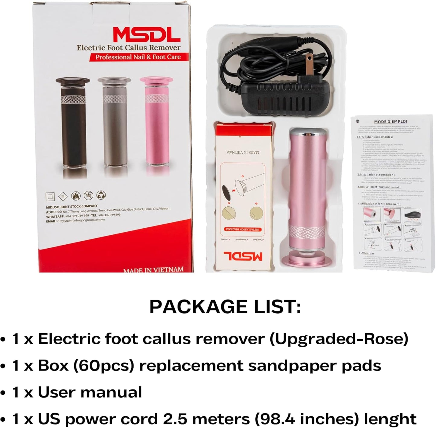 High Power Electric Foot Callus Remover, 2025 Upgrade with 100-inch Extra-Long Cord and 60 Replaceable Sandpaper Discs, Electric Foot File for Cracked Heels and Dead Skin, Rose Pink