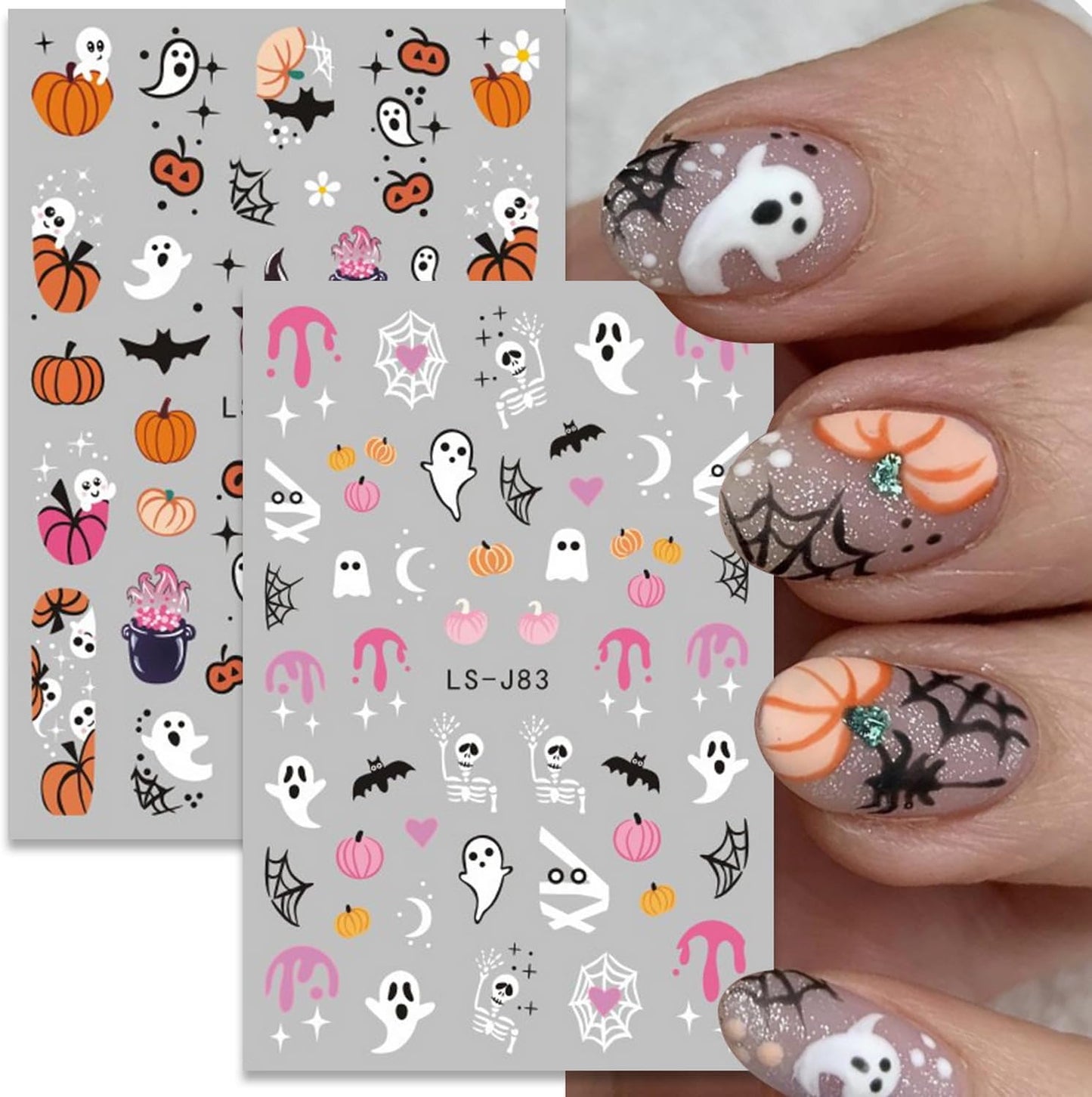 Halloween Nail Art Stickers Decals 6 Sheets Fall Scary Ghost Skull Fire Nail Decoration 3D Self-Adhesive Cute Pumpkin The Day of Dead Spider Web Acrylic Nail Supplies for Women Girls