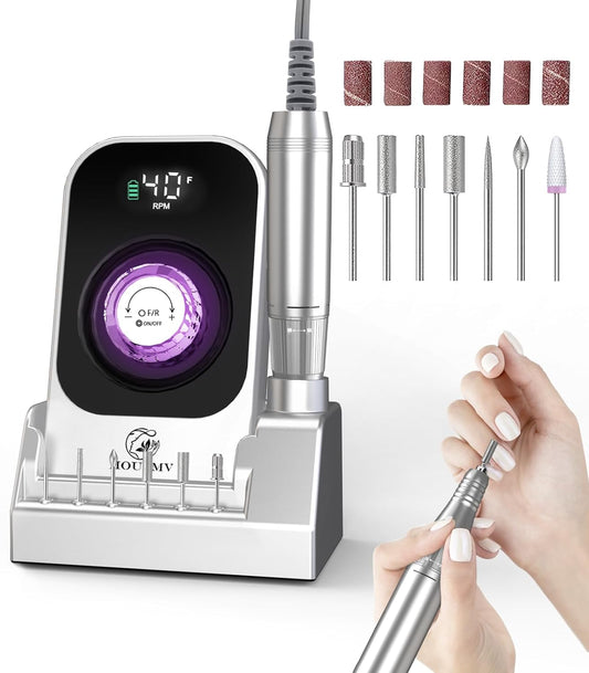 Portable Electric Nail Drill Machine: 40000RPM Professional E-File, Rechargeable Cordless with Bits & Base for Acrylic Remove Gel Polish Manicure Salon Home, Silver