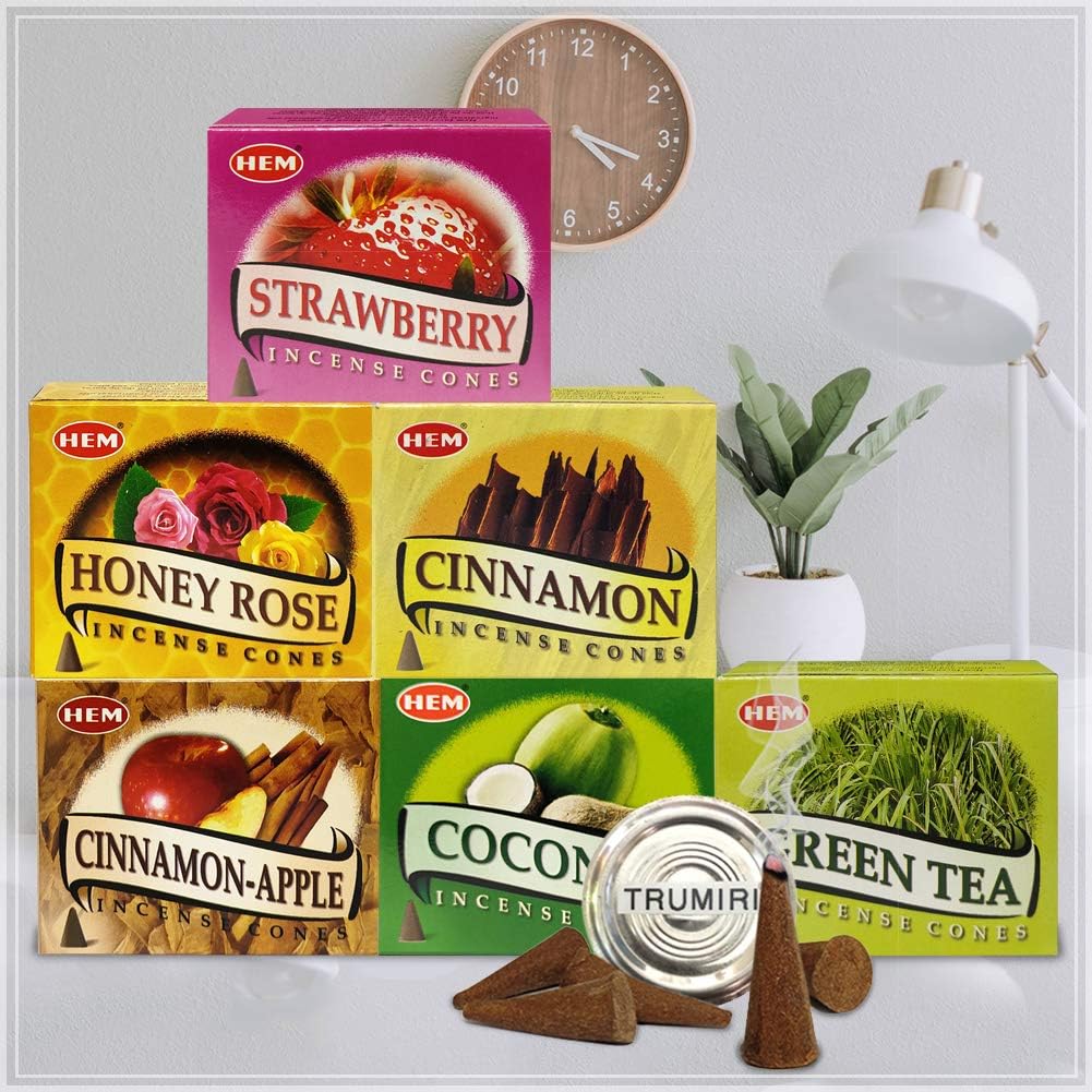 Hem Incense Cones Variety Pack #5 and Cone Incense Burner Bundle with 6 Most Sought-After Fragrances
