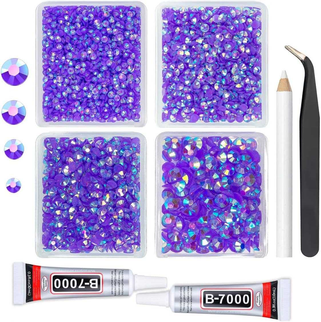 Dark Purple AB Resin Rhinestones w B7000 Jewelry Glue for Bedazzling Crafting 3mm 4mm 5mm 6mm Violet Flatback Jelly Stones Bulk Diamonds Gems for Nails Face Eyes Makeup Body Tumblers DIY Crafts