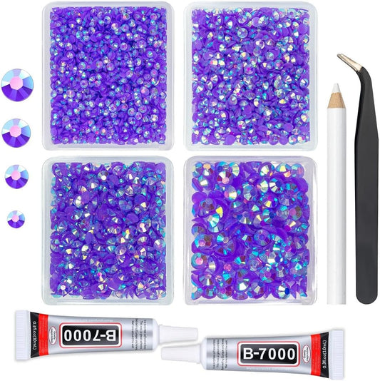 Dark Purple AB Resin Rhinestones w B7000 Jewelry Glue for Bedazzling Crafting 3mm 4mm 5mm 6mm Violet Flatback Jelly Stones Bulk Diamonds Gems for Nails Face Eyes Makeup Body Tumblers DIY Crafts