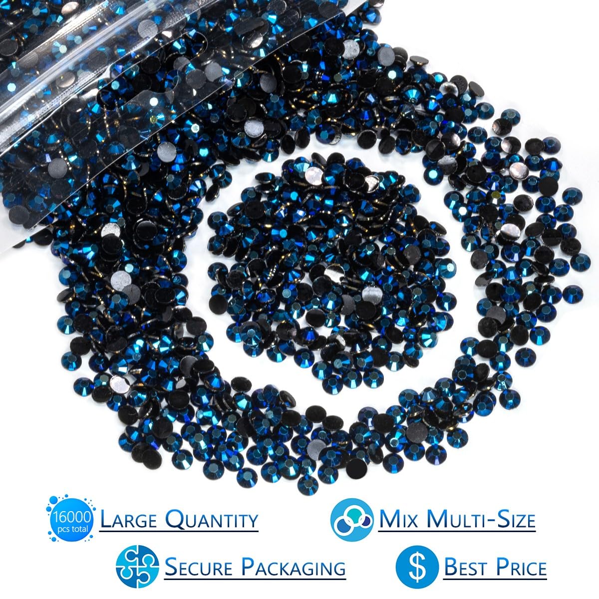 16000PCS 3mm 4mm 5mm Ink Blue Resin Rhinestones for Crafting Navy Blue Flatback Jelly Stones Bulk SS10 SS16 SS20 Diamonds Gems Charms Supplies for Nails Face Eyes Makeup Body Tumblers Crafts