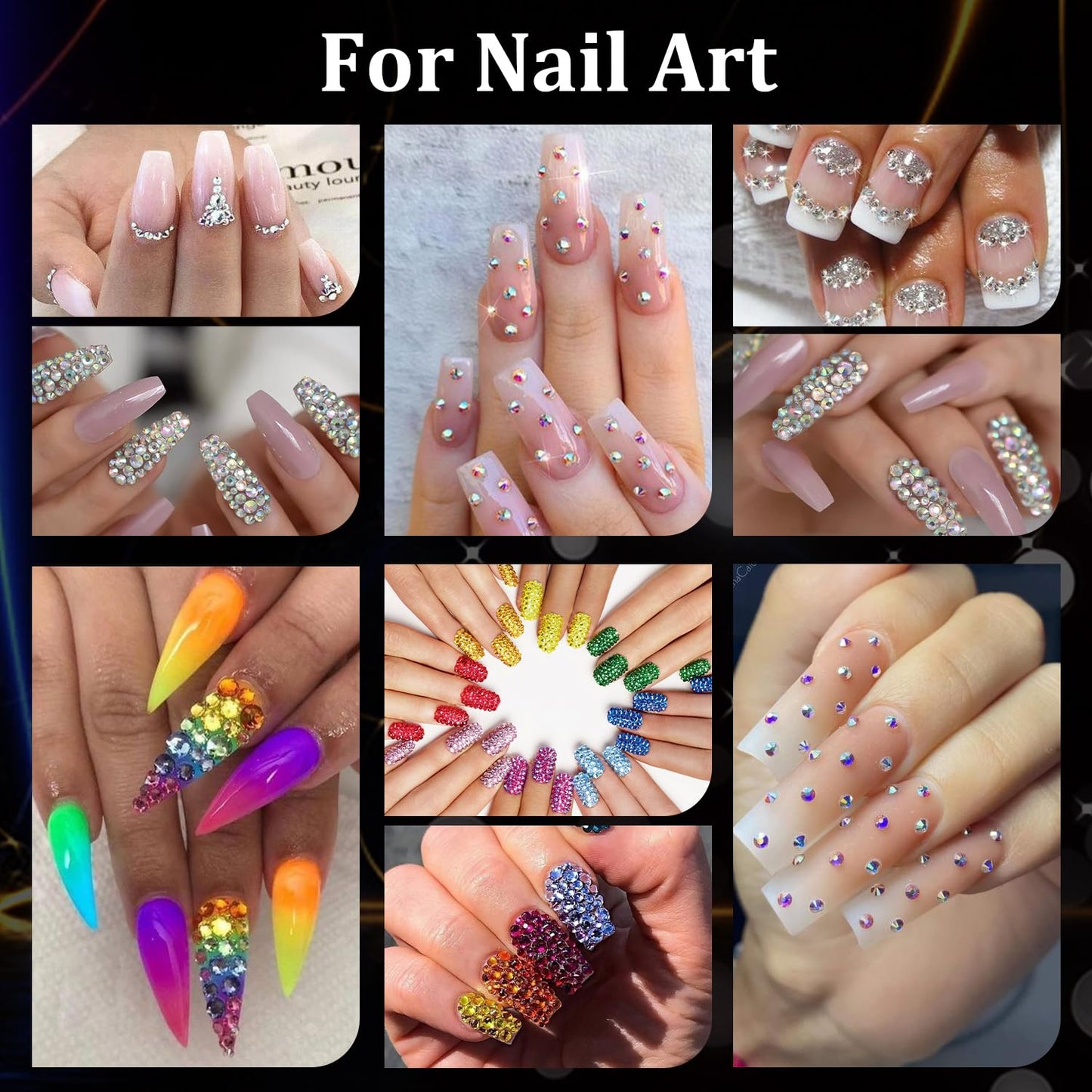 Rhinestones for Nails, Manicure Gem, Flat Back Glass Crystal AB & Transparent Clear + Mixed Color Iridescent Chameleon Gemstones, 2-5mm Round Gems for Nail Art Decor with Pickup & Dotting Tools