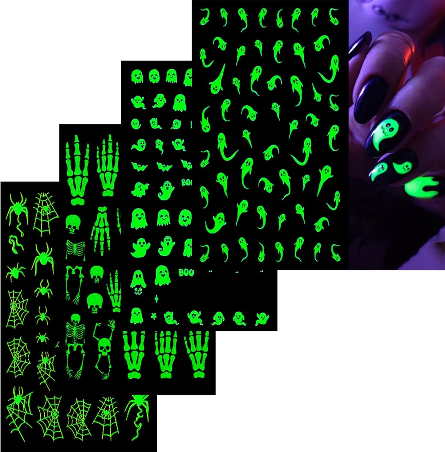 Halloween Nail Stickers for Nail Art Noctilucent Cute Ghost Skeleton Spider Web 3D Self-Adhesive Nail Decals Nail Art Supplies Nails Design Manicure Stickers for Nails DIY Decoration 4 Sheets