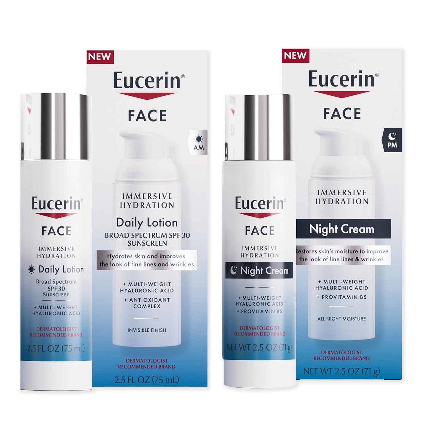 Eucerin Face Immersive Hydration Skin Care Set, Daily Face Lotion with SPF 30 (2.5 Fl Oz) + Night Cream with Hyaluronic Acid (2.5 Oz), Facial Moisturizer Improves the Look of Fine Lines and Wrinkles