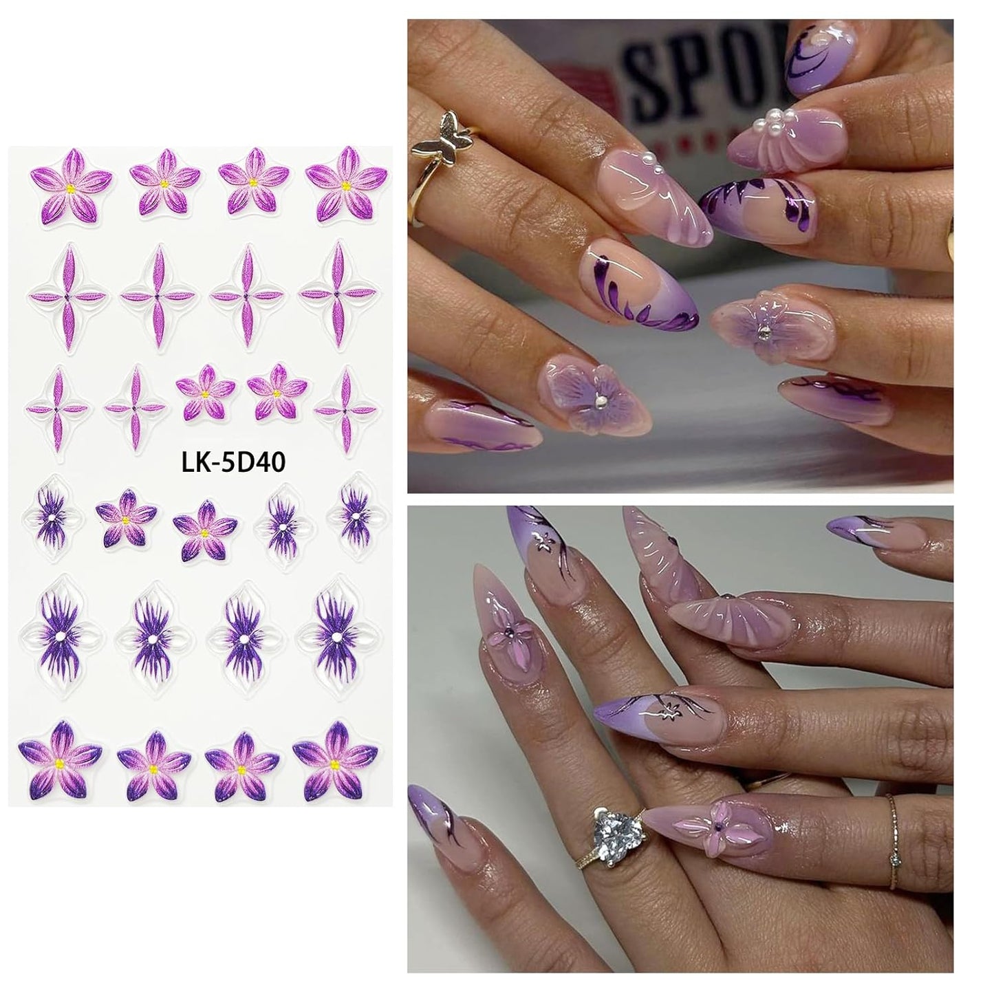 Flower Nail Art Stickers 5D Embossed Flower Nail Decals Spring Summer Pink Flowers Nails Design 3D Self-Adhesive Accessories for Women Nails DIY Decoration(6 Sheets)
