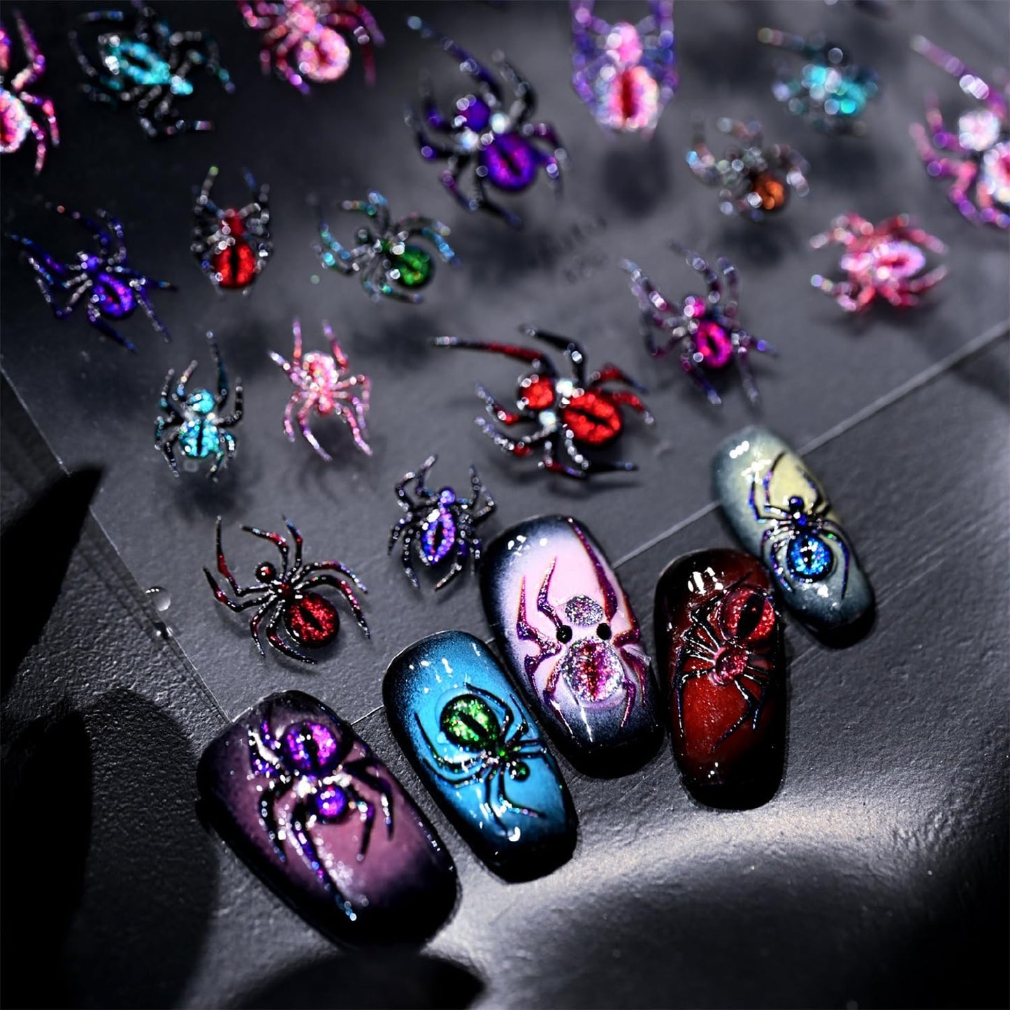 1 Sheets Embossed Halloween Nail Stickers for Nail Art 5D Self-Adhesive Spider Nail Art Stickers Colorful Spider Nail Decals Halloween Nail Design Sticker for Women DIY Manicure