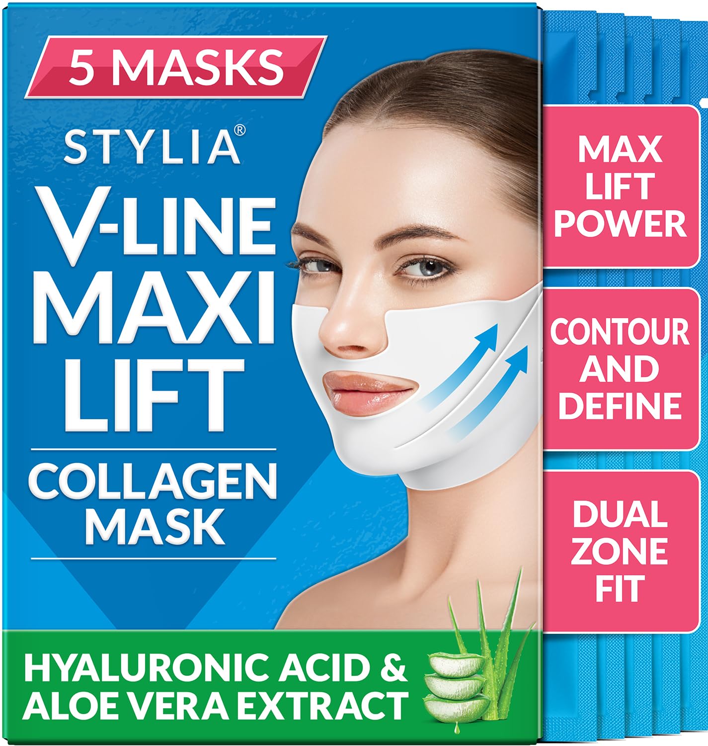 Stylia MaxiLift V-Line Lifting Collagen Face Mask – Enhanced Double Chin Reducer – Jawline Shaper Face Lifting Masks – Firming Neck Lift Collagen Mask – Chin Strap for Sleeping – Hyaluronic Aloe 5PC