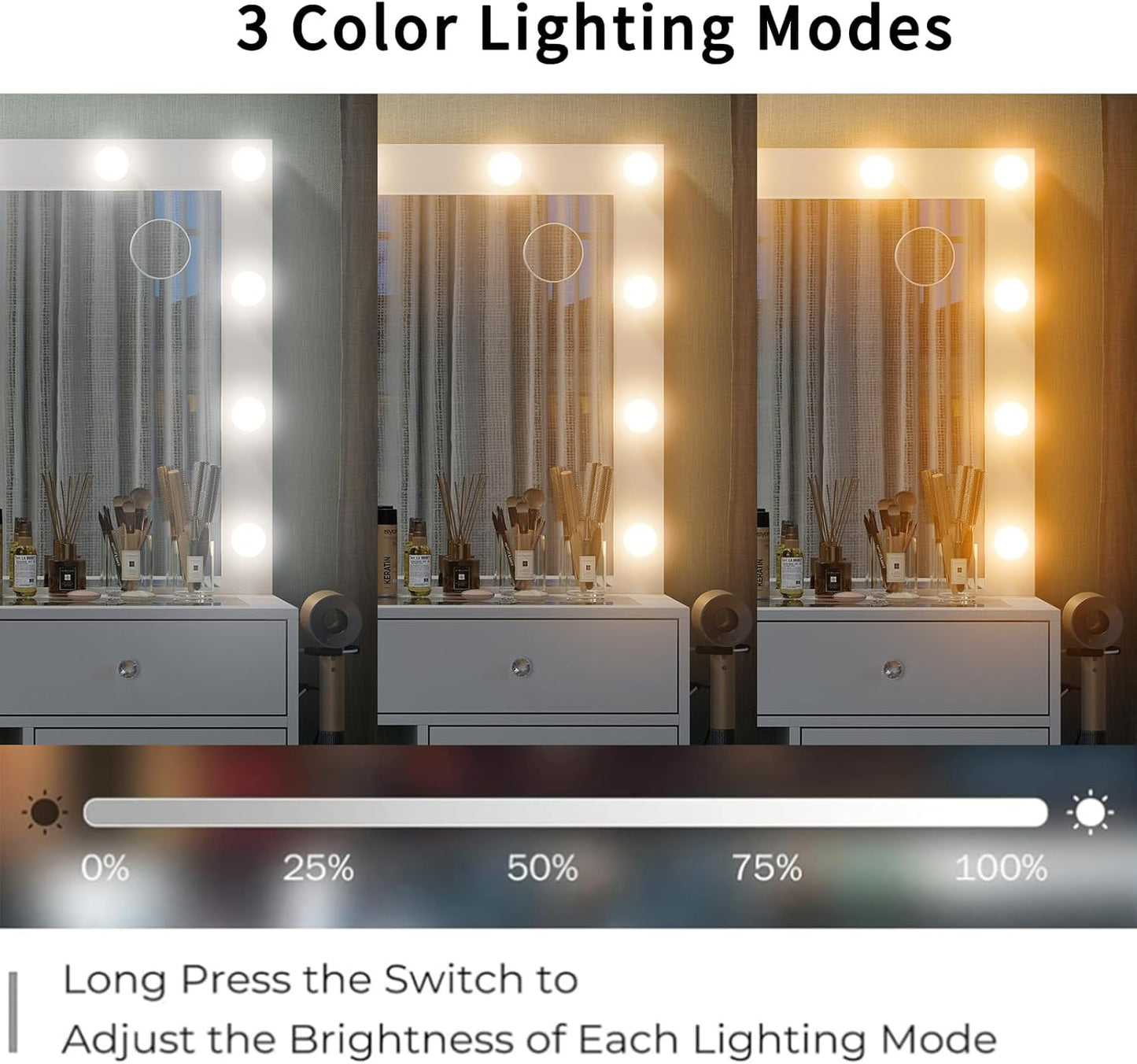 11 Drawers Makeup Vanity with Charging Station, Vanity Desk with 13 LED Bulbs and HD Mirror, 3 Color Brightness Adjustable, Glass Top Vanity Set for Bedroom, White