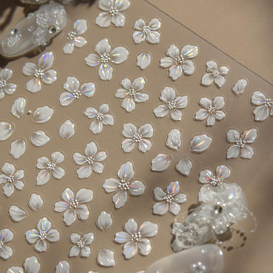 Flower Nail Stickers for Nail Art White Magnolia Petals Wedding Nails Design 3D Nail Art Stickers Decals Shiny Shell Light Crystal Flowers Stickers for Nails Summer DIY Manicure Decorations 1Pcs