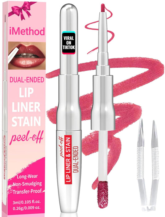 iMethod Lip Liner Stain - Lip Stain, 2-In-1 Dual-Ended Peel Off Lip Stain with Tweezer, Natural Long Lasting Peel Off Lip Liner, Easy to Use for All Skin Types, Stay All Day, Rose