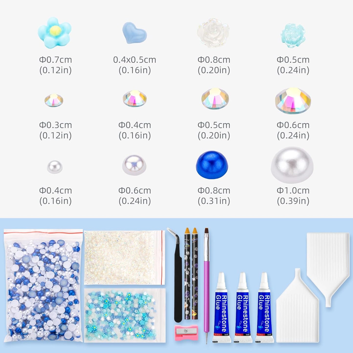 160g Blue White Flat Back Pearls Rhinestones with Gel for Crafts Mixed Size 3mm-10mm AB Color Round Half Pearls Flatback Pearl Beads and Resin Rhinestones Set for Face Art