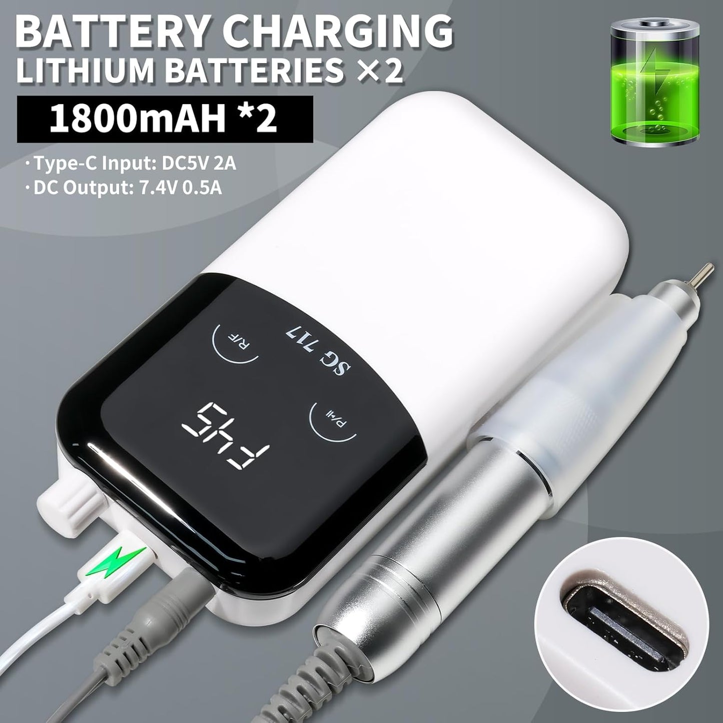 Professional Electric Nail Drill Machine,45000RPM Portable Rechargeable Efile Nail Drill Cordless,Electric Nail File Kit for Women (White)