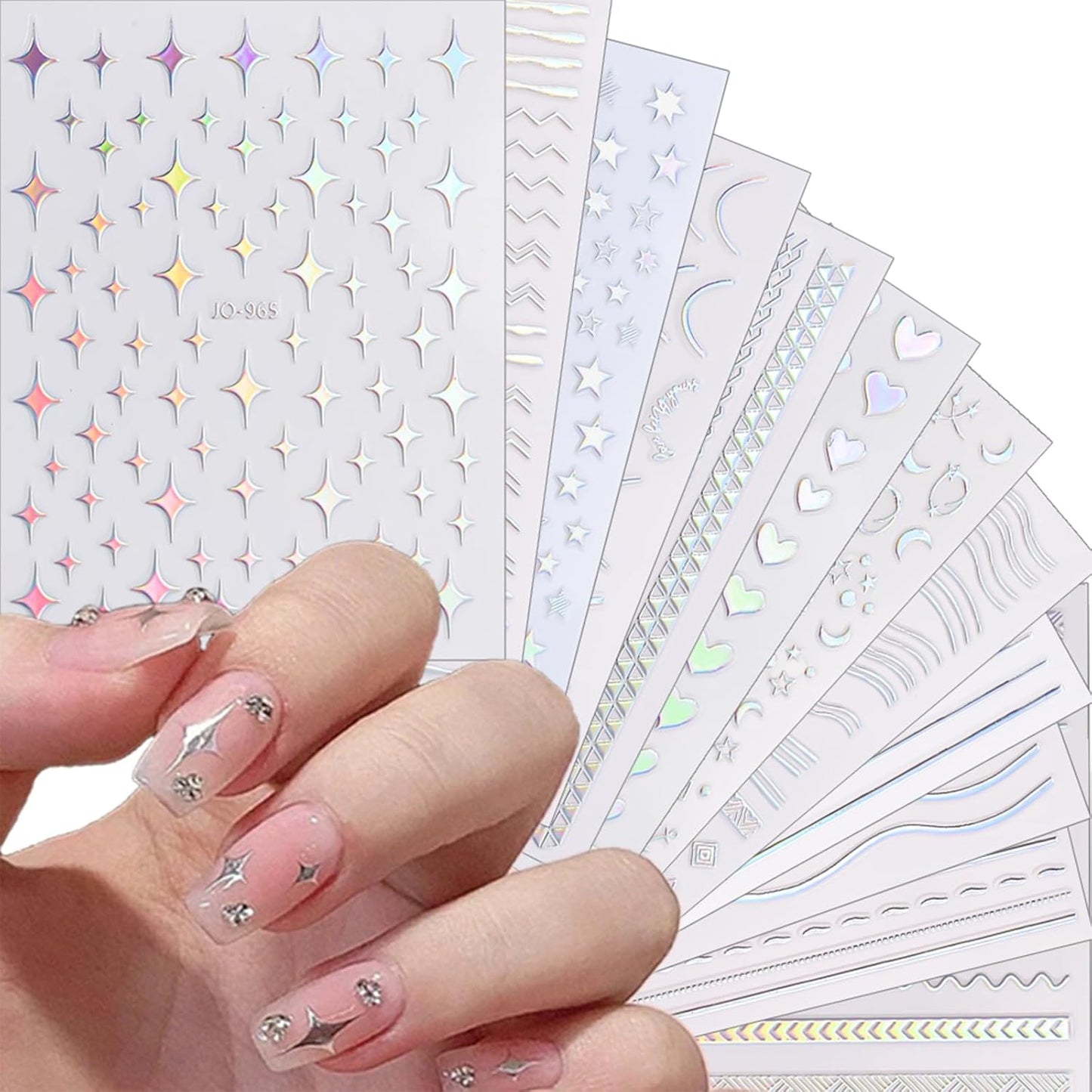 12 Sheets Star Nail Stickers Decals Silver Heart Nail Stickers Geometric Line Nail Decals for Nail Art 3D Self Adhesive Holographic Stripe Nail Designs for Women Nail Art Supplies Decorations